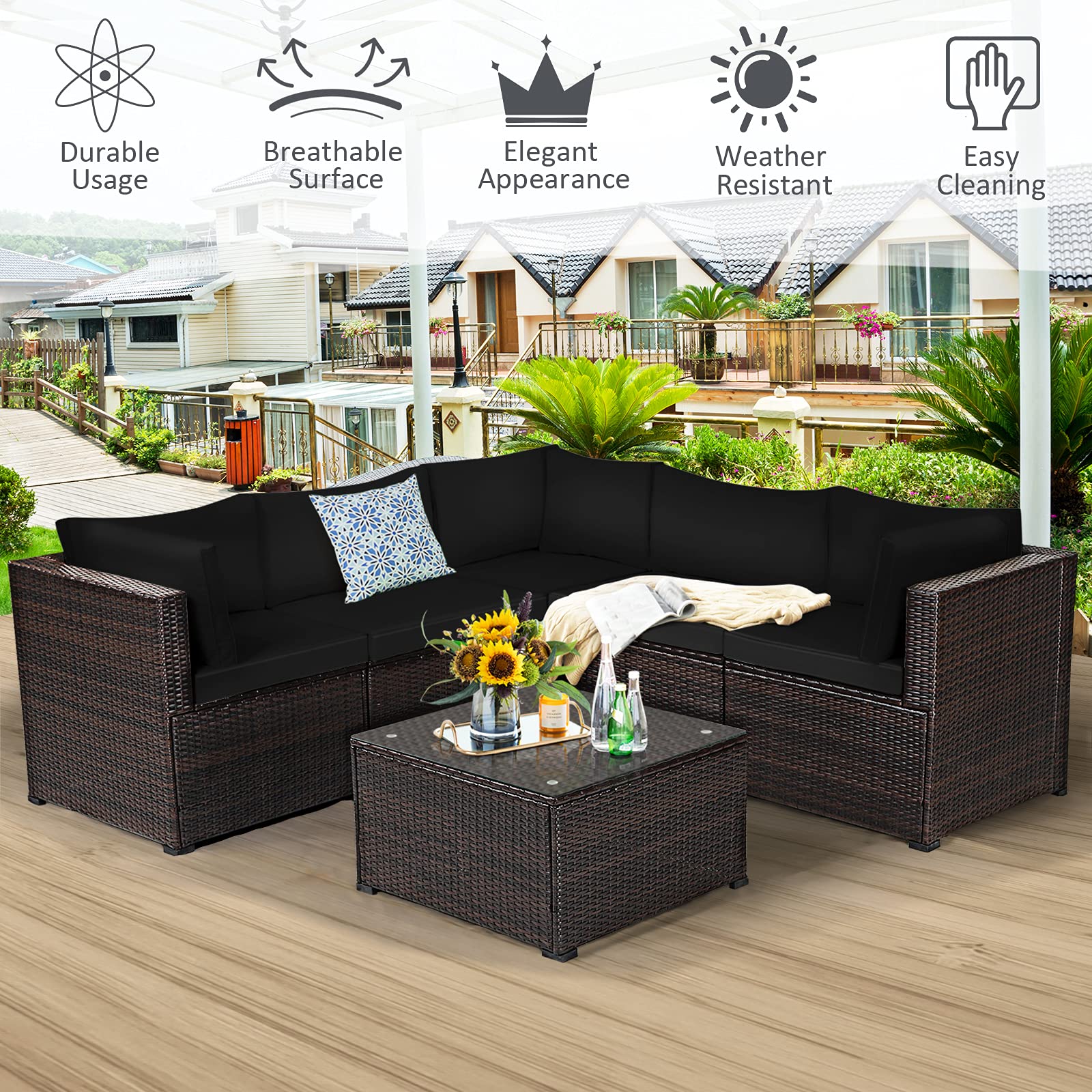 Tangkula 6-Piece Outdoor Patio Furniture Set - All-Weather Wicker Rattan Sectional Sofa with Tempered Glass Coffee Table & Cushions - Perfect for Backyard, Garden, Balcony, Poolside Relaxation (Black) | Ideal for Outdoor Entertaining, Lounging, and Family Gatherings