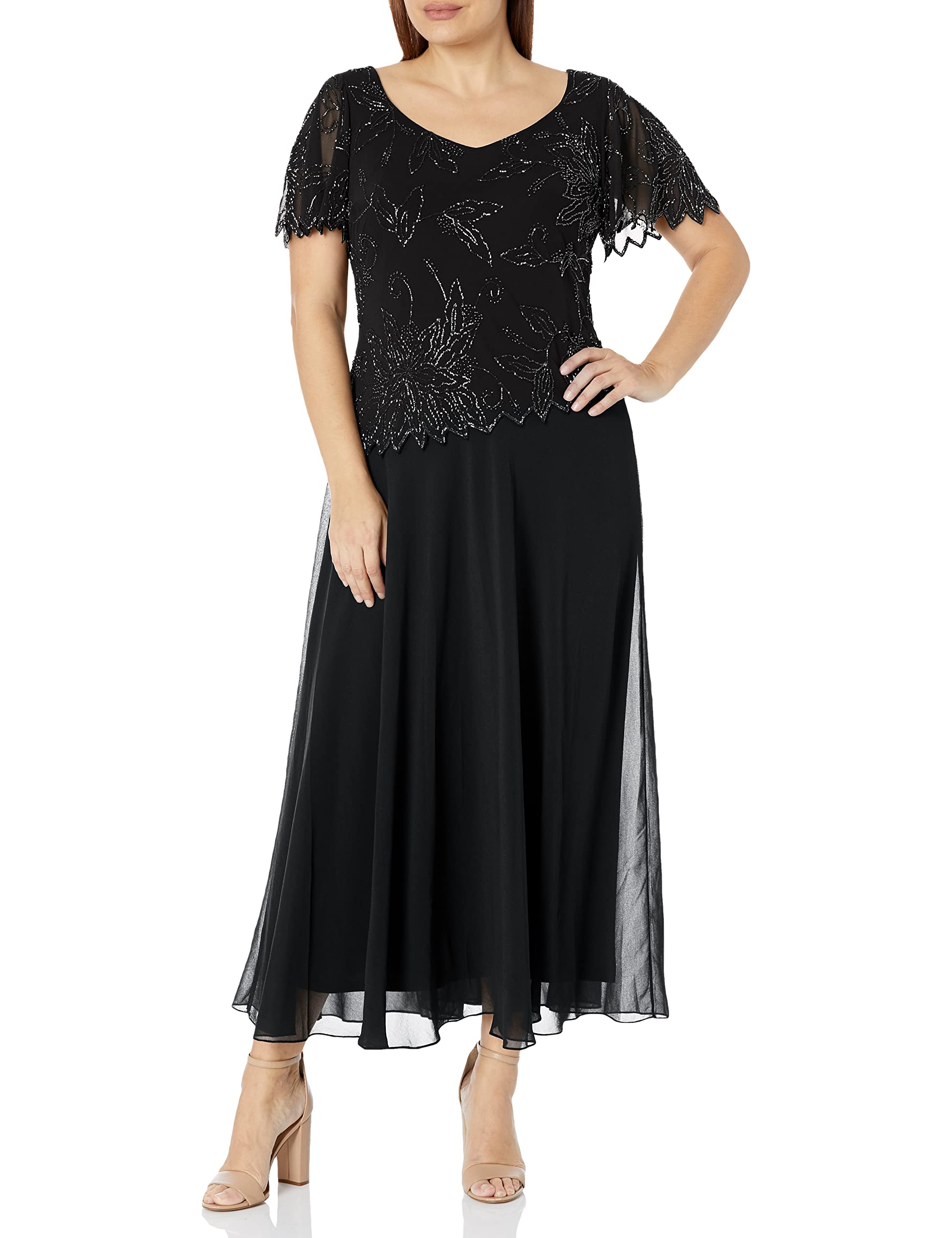 J Kara Women's Plus Size Flutter Sleeve Beaded Long Dress for Evening Party, Wedding Guest & Special Occasions