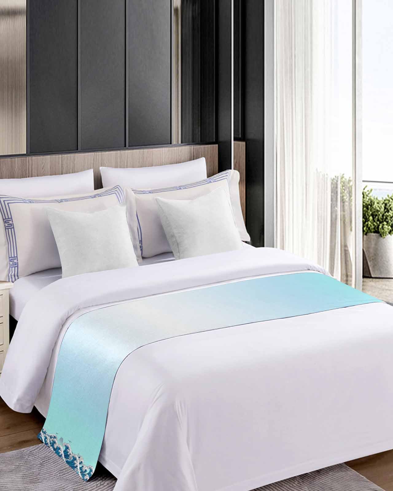 King Size Bed Runner - Blue Ombre Coastal Bed Scarf Throw for Foot of Bed (94