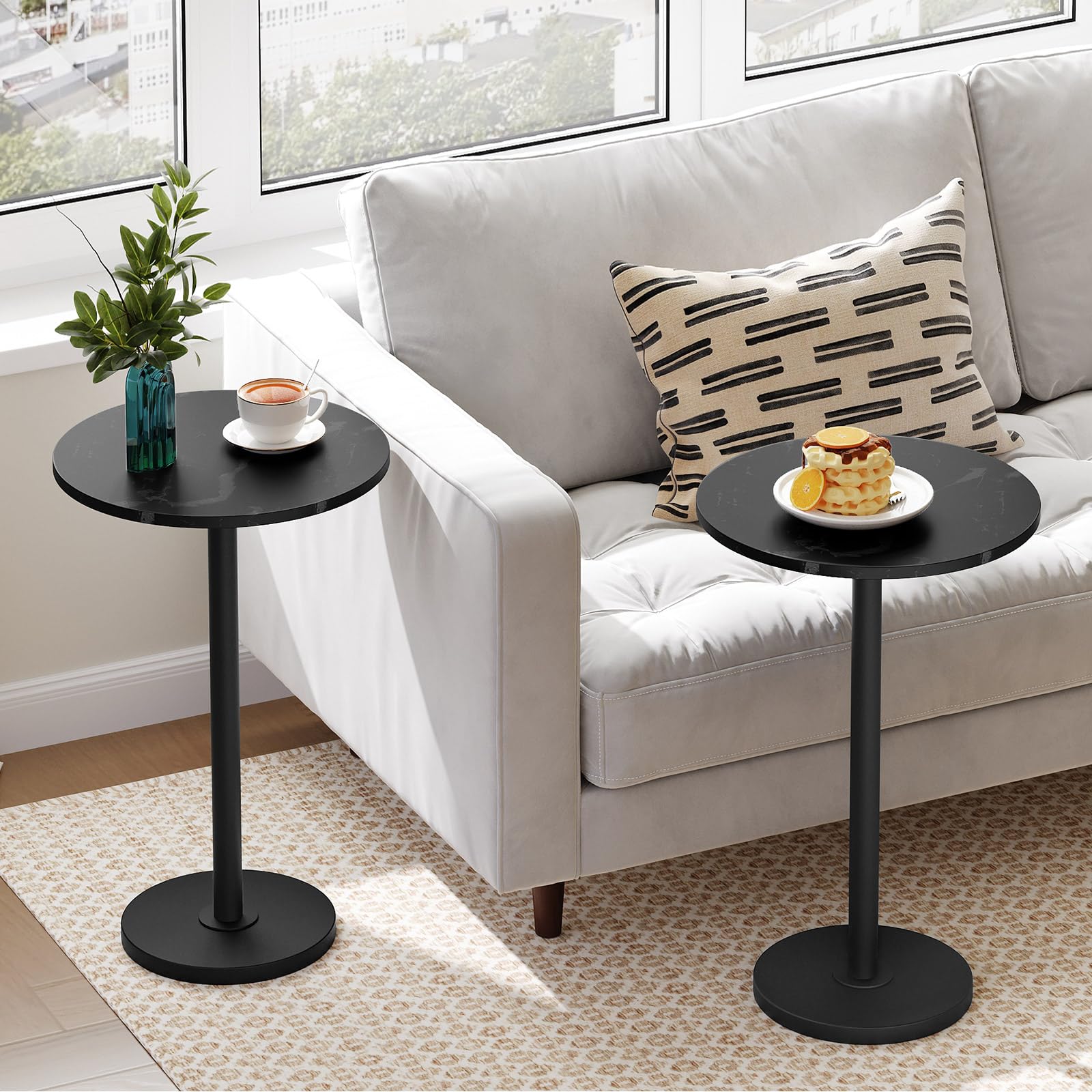 Small Round Side Table - Compact Drink & Coffee End Table for Small Spaces, Martini Pedestal Table - Perfect for Living Room, Bedroom & Sofa Couch - Elegant Marble Black & Black Finish ET30BM | Ideal for Apartments, Dorms & Cozy Spaces