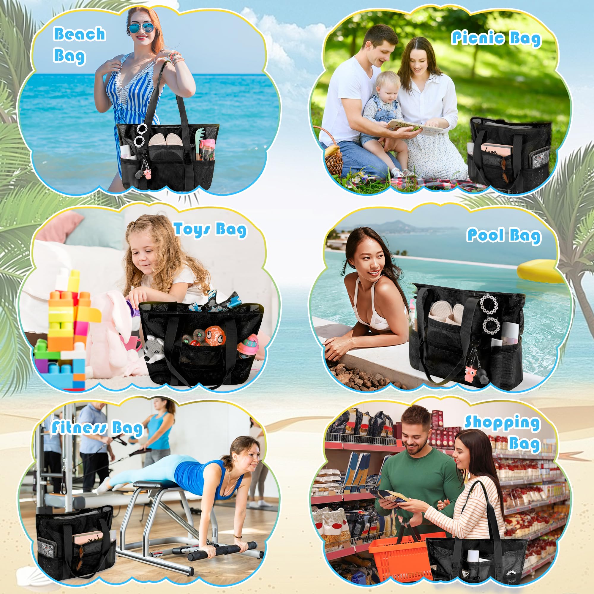 **Large Zippered Beach Tote Bag with 8 Pockets - Lightweight Mesh Sandproof Foldable for Toys, Towels & Essentials - Perfect for Pool, Travel & Outdoor Adventures**