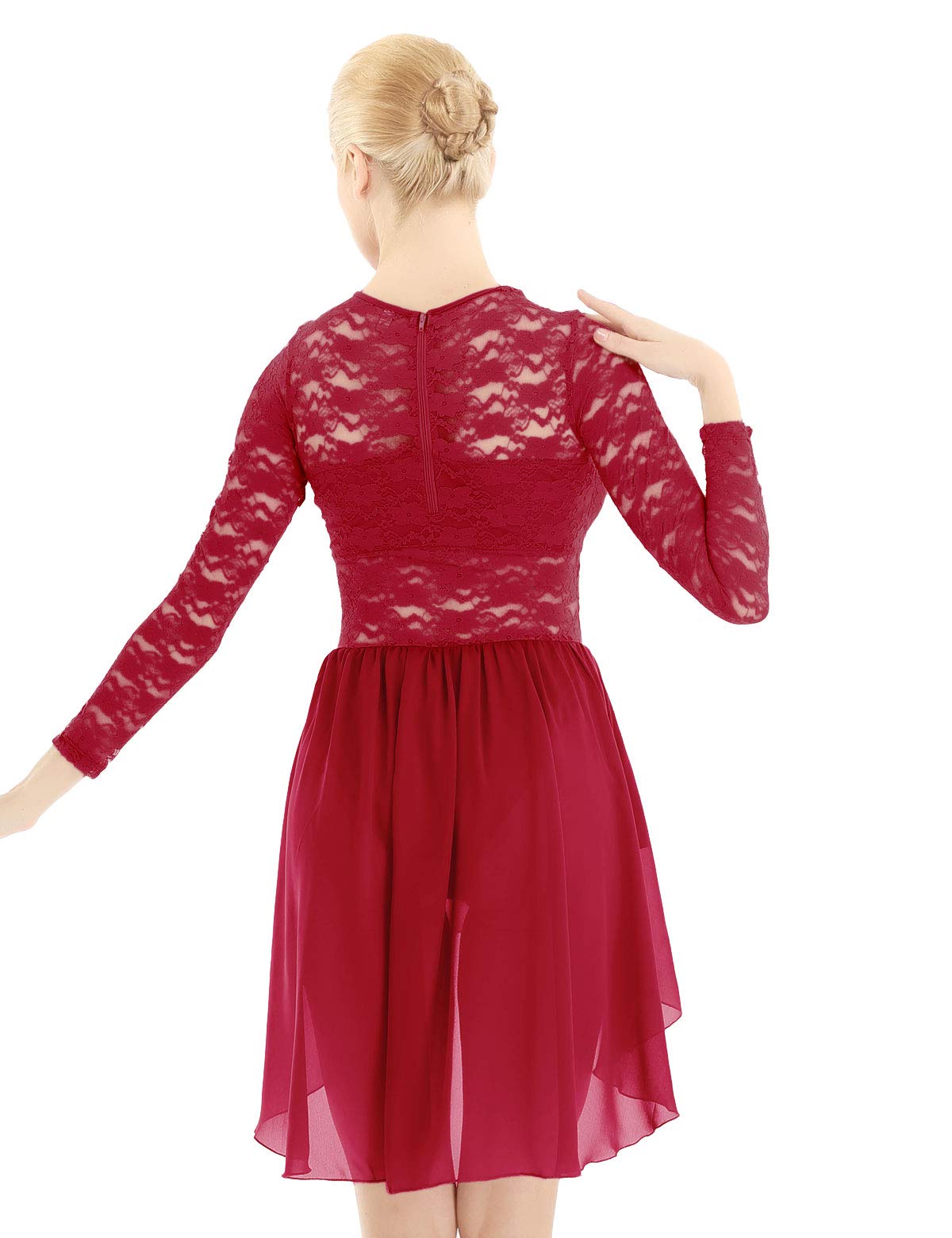 MSemis Women's Modern Dance Costume - Elegant Lace Long Sleeve Lyrical Contemporary Dance Dress with Flowy Chiffon Skirt | Perfect for Ballet, Jazz, Competition & Stage Performance