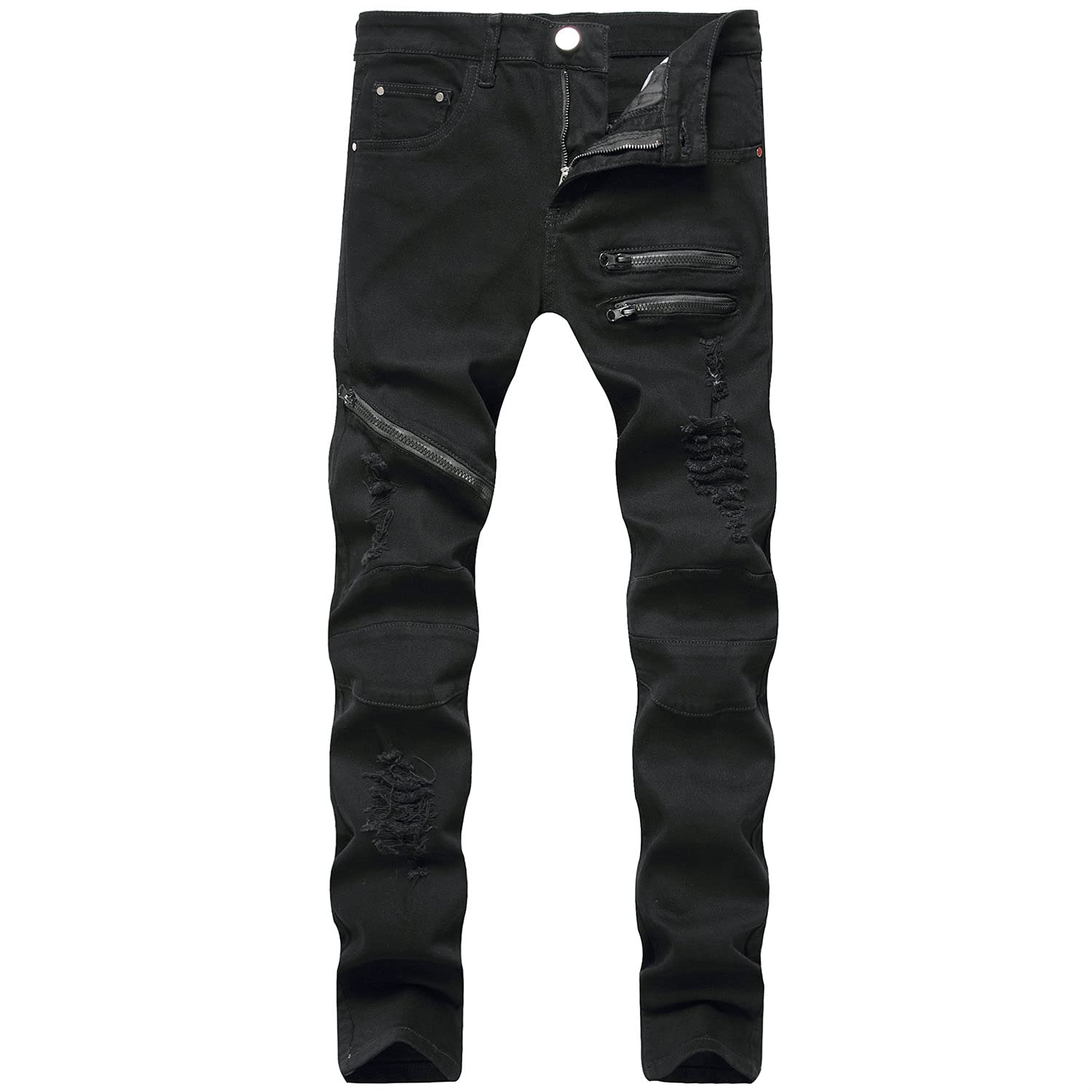 Men's Ripped Skinny Jeans - Distressed Slim Fit Stretch Denim Pants with Zipper Details | Biker Style Jeggings for Casual Wear (Black, Size 34) | Perfect for Streetwear, Night Out & Everyday Fashion