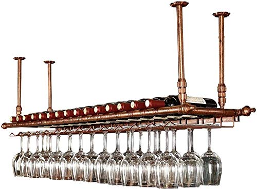 Vintage Bronze Adjustable Height Ceiling Wine Rack & Hanging Wine Glass Holder - Rustic Wall Mounted Wine Bottle Storage for Kitchen, Bar, Dining Room, and Home Decor