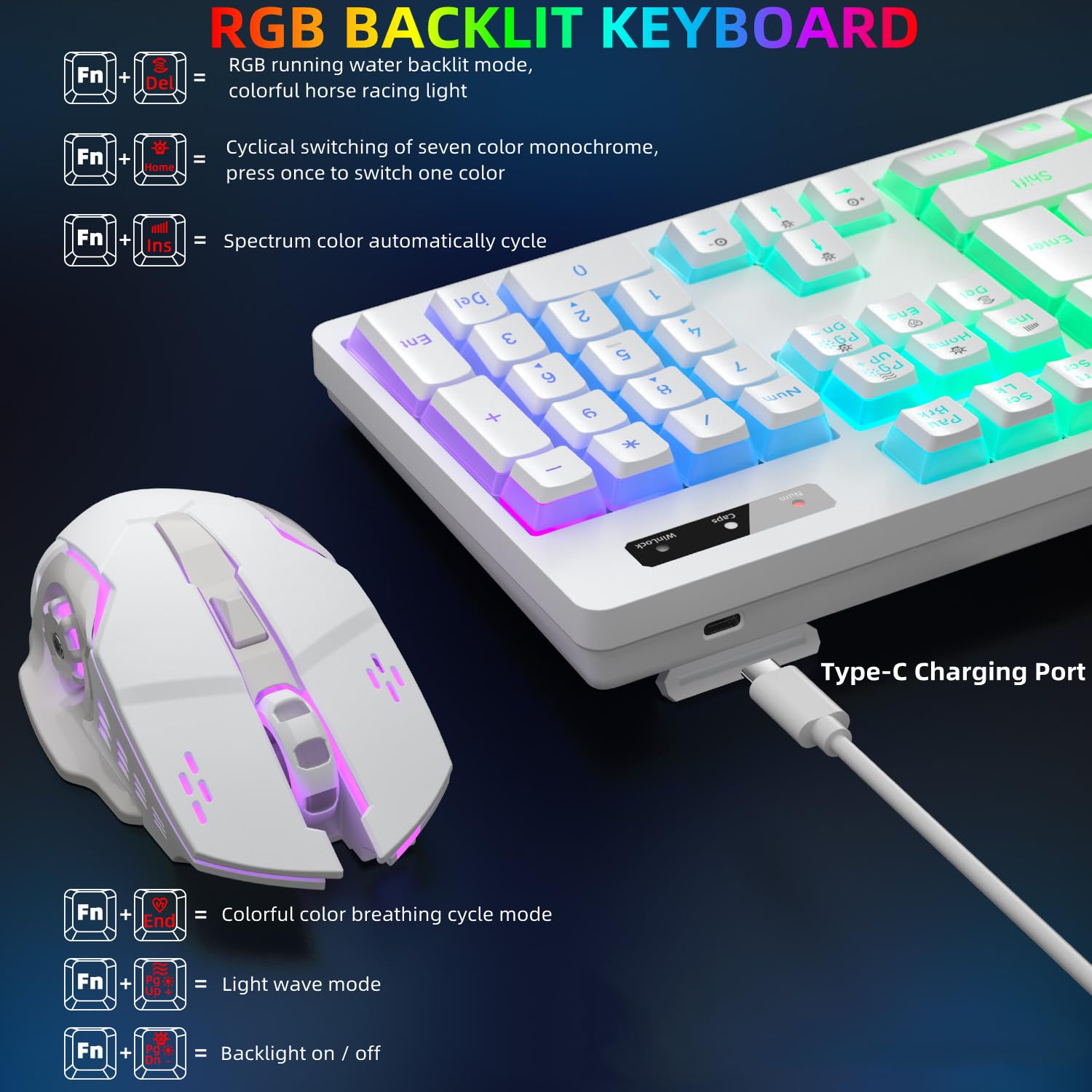 Wireless Gaming Keyboard and Mouse Combo with RGB Backlit - Rechargeable Ergonomic Keyboard Mouse Set for PC, Laptop, Mac | Long-Lasting Battery | Perfect for Gaming, Work & Office (White)