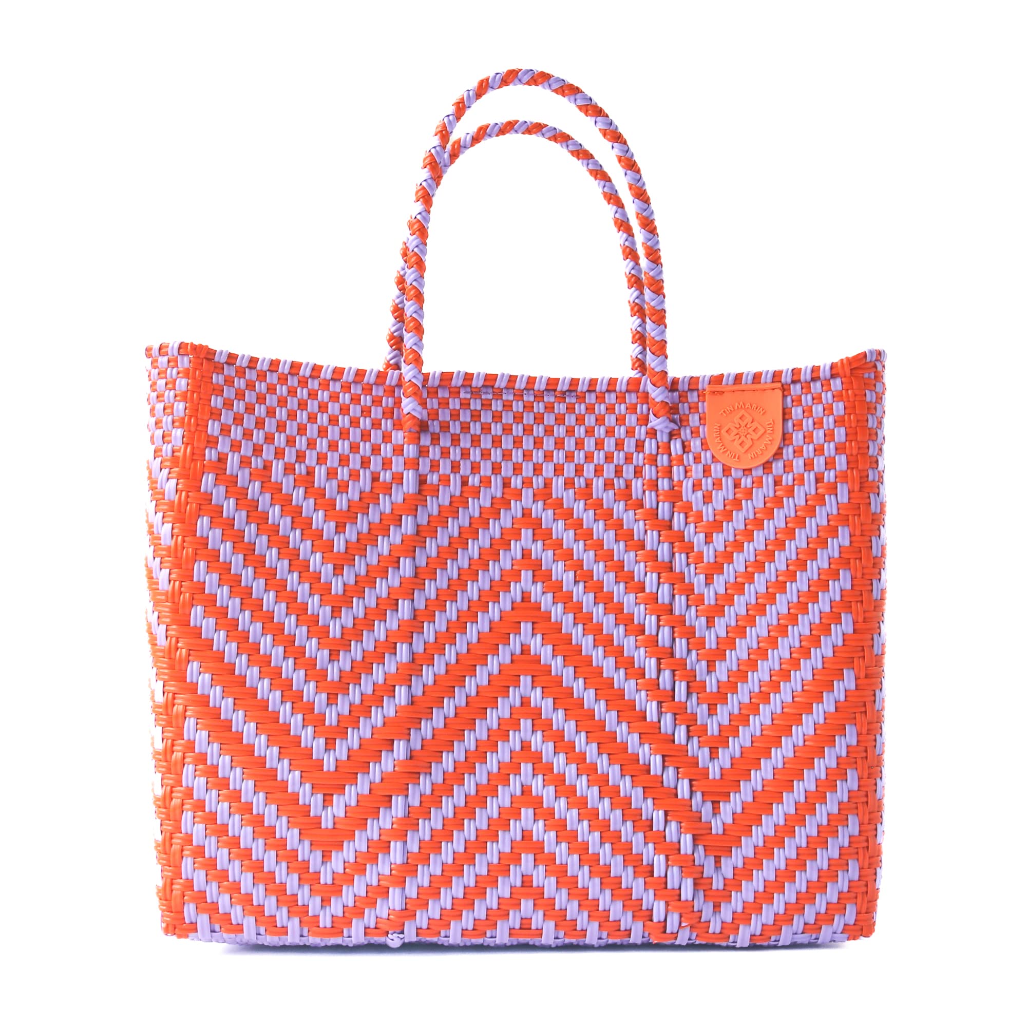 Positano Medium Woven Crossbody Bag with Detachable Mesh Pouch - Orange & Purple Recycled Plastic Beach Purse | Handmade Mexican Artisan Bag for Vacation, Travel & Resort Wear