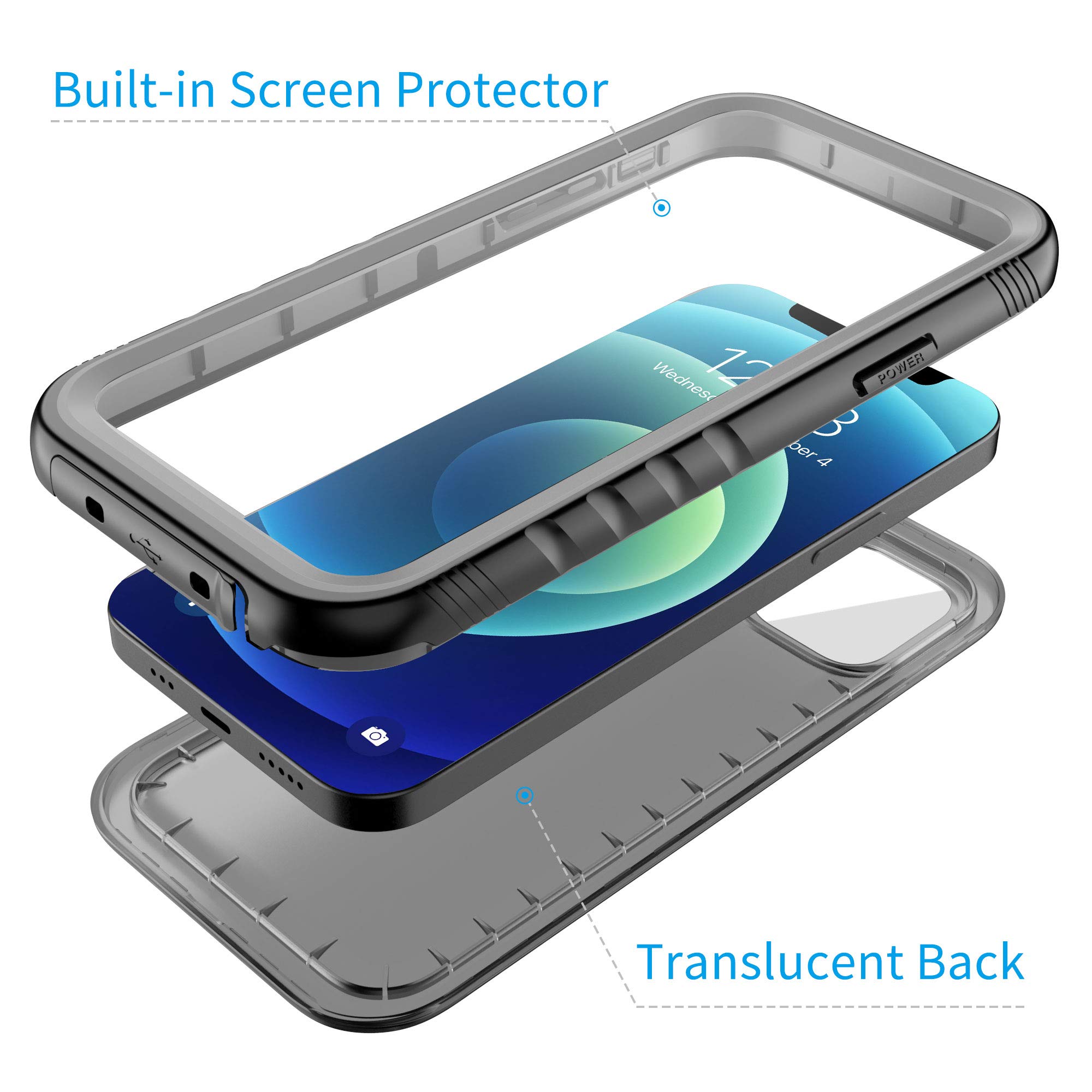 **Waterproof iPhone 12 Pro Max Case (6.7 inch, 2020) – Shockproof Full Body Protective Cover with Built-in Screen Protector – Black | Perfect for Outdoor, Swimming & Extreme Sports**