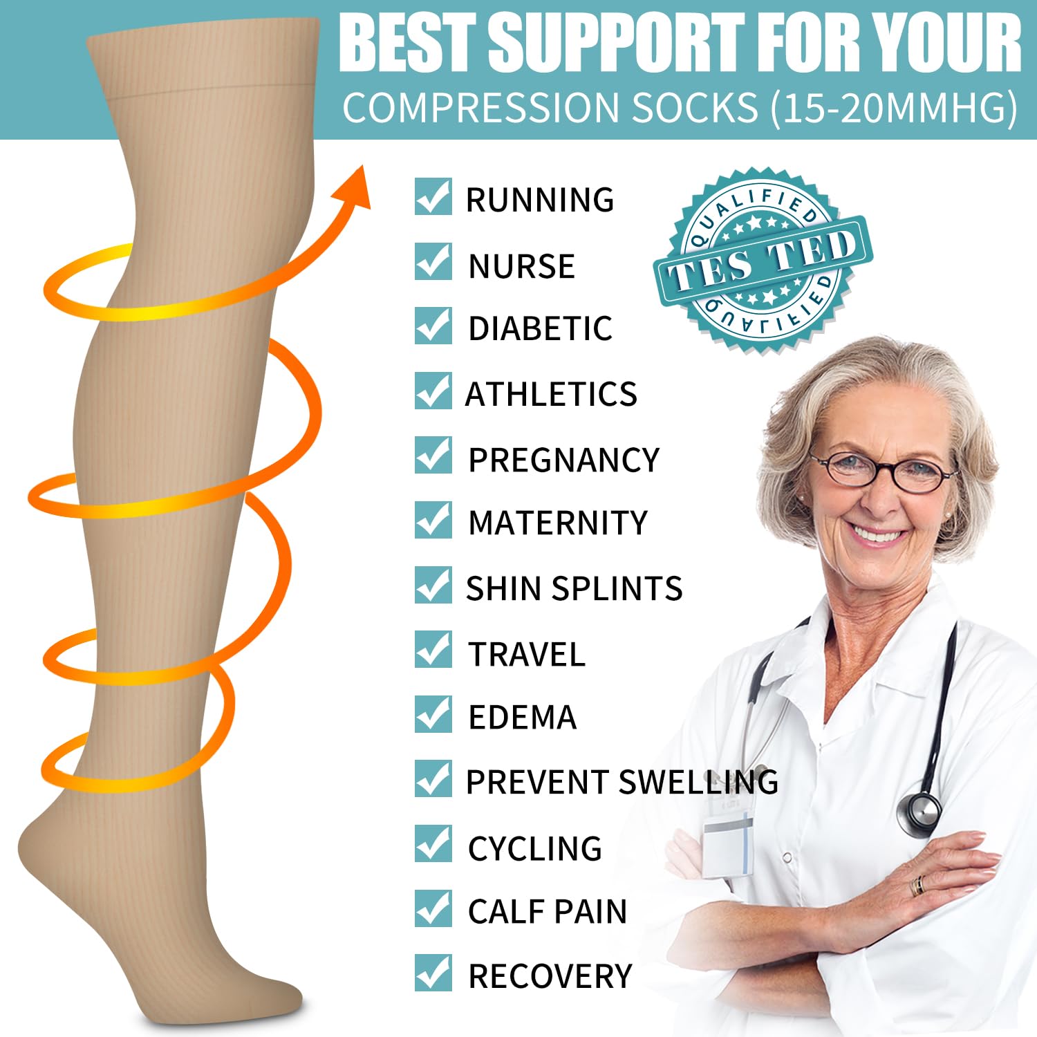 Bluemaple Thigh High Compression Socks for Women & Men - 3 Pairs Circulation Support Socks - Best for Running, Travel, Nursing & Varicose Vein Relief - Over The Knee Medical Grade Compression Stockings