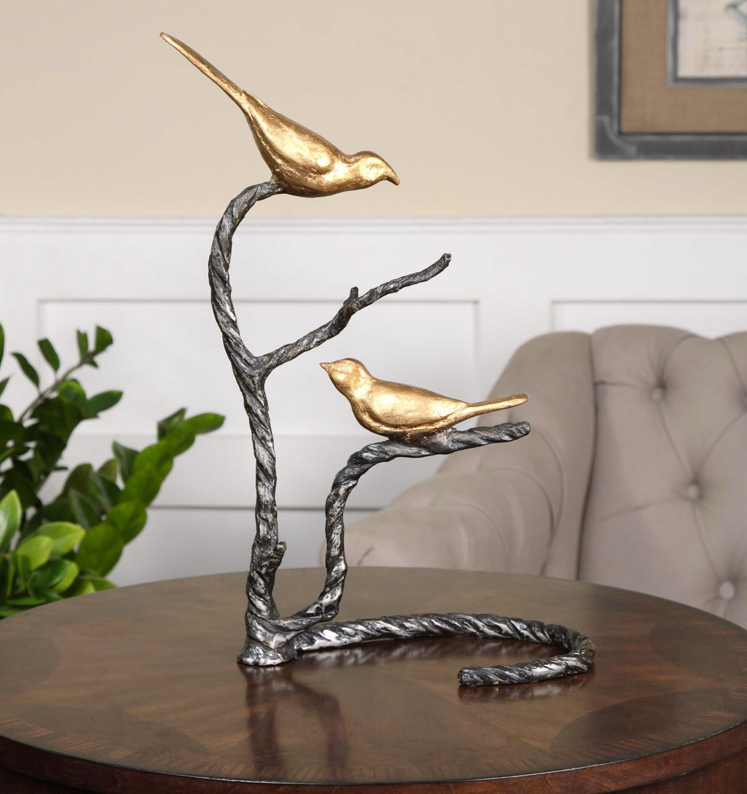 Black & Gold Birds On A Limb Sculpture - Elegant Home Decor for Living Room, Office & Garden