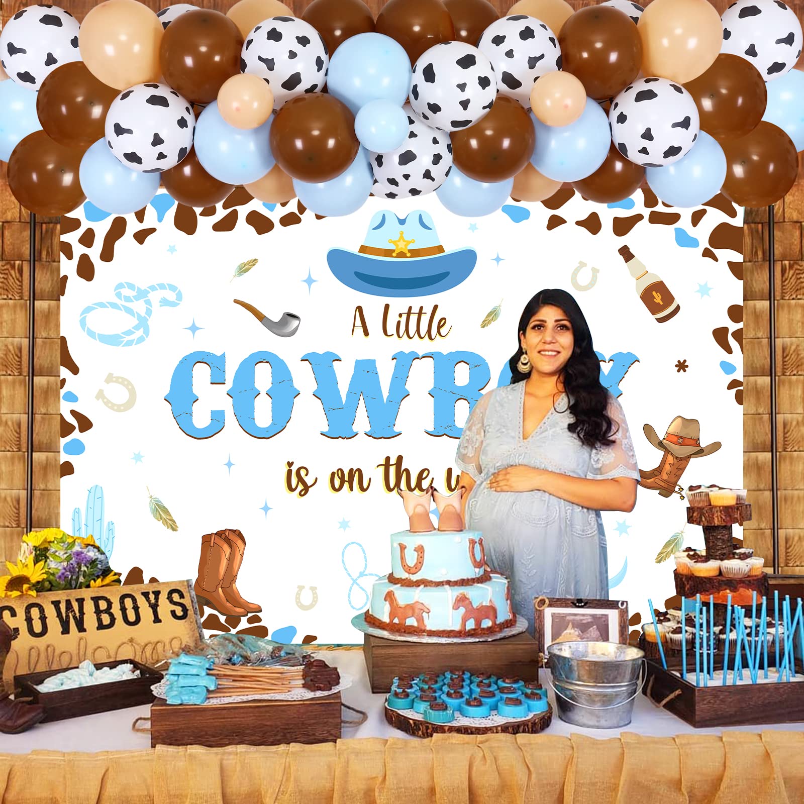 Cheereveal Cowboy Baby Shower Decorations for Boys - Western Theme Backdrop, Blue Balloon Garland Arch Kit | Wild West Baby Shower Party Supplies for Nursery, Gender Reveal & First Birthday Celebrations