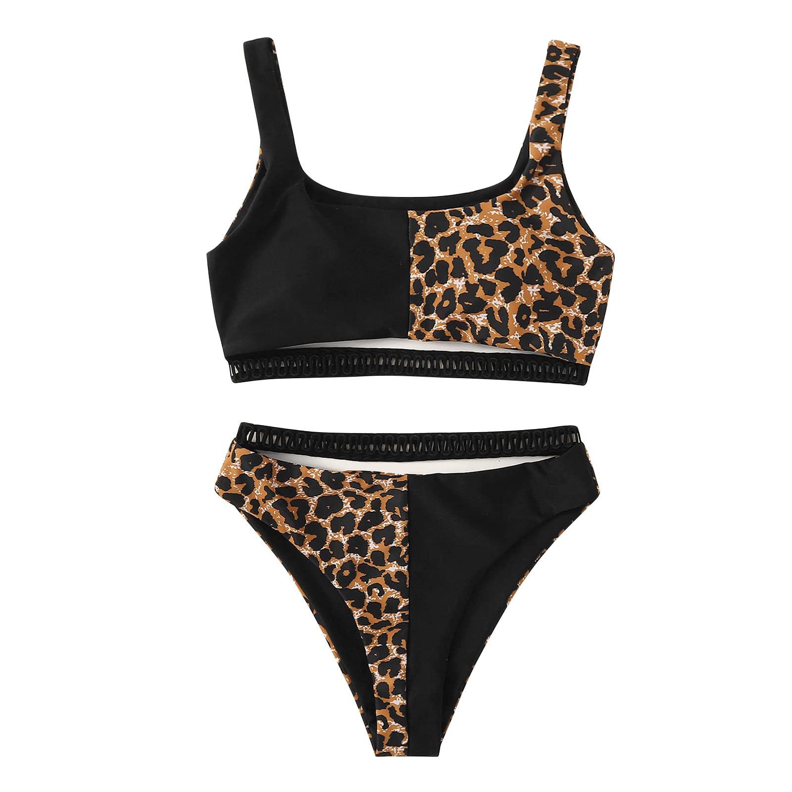 Women's High Cut Bikini Set - Leopard Print Patchwork Crop Top & Thong Two Piece Swimwear | Beach Vacation, Pool Party, Summer Fashion