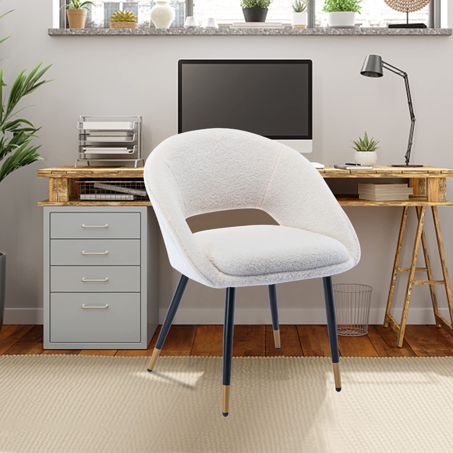 Goujxcy White Faux Fur Upholstered Office Chair - Modern Armchair for Desk, Dining & Living Room - Comfortable Vanity Chair with Sturdy Metal Legs (Perfect for Home Office, Study Room & Lounge Areas)