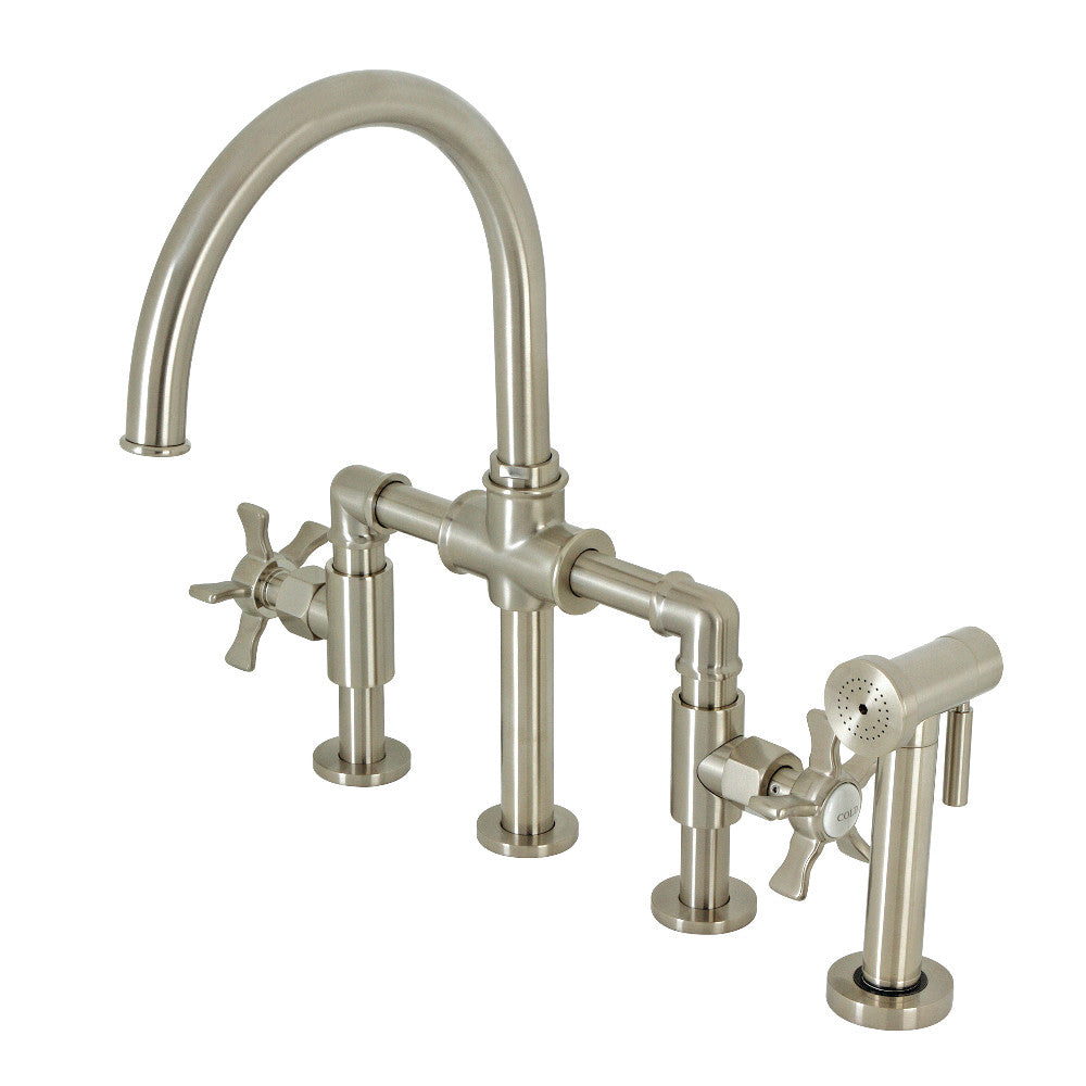 Industrial Style Bridge Kitchen Faucet with Brass Sprayer - Vintage Brass Pull Down Sprayer Faucet for Farmhouse & Modern Kitchens | Perfect for Cooking, Washing Dishes & Food Prep