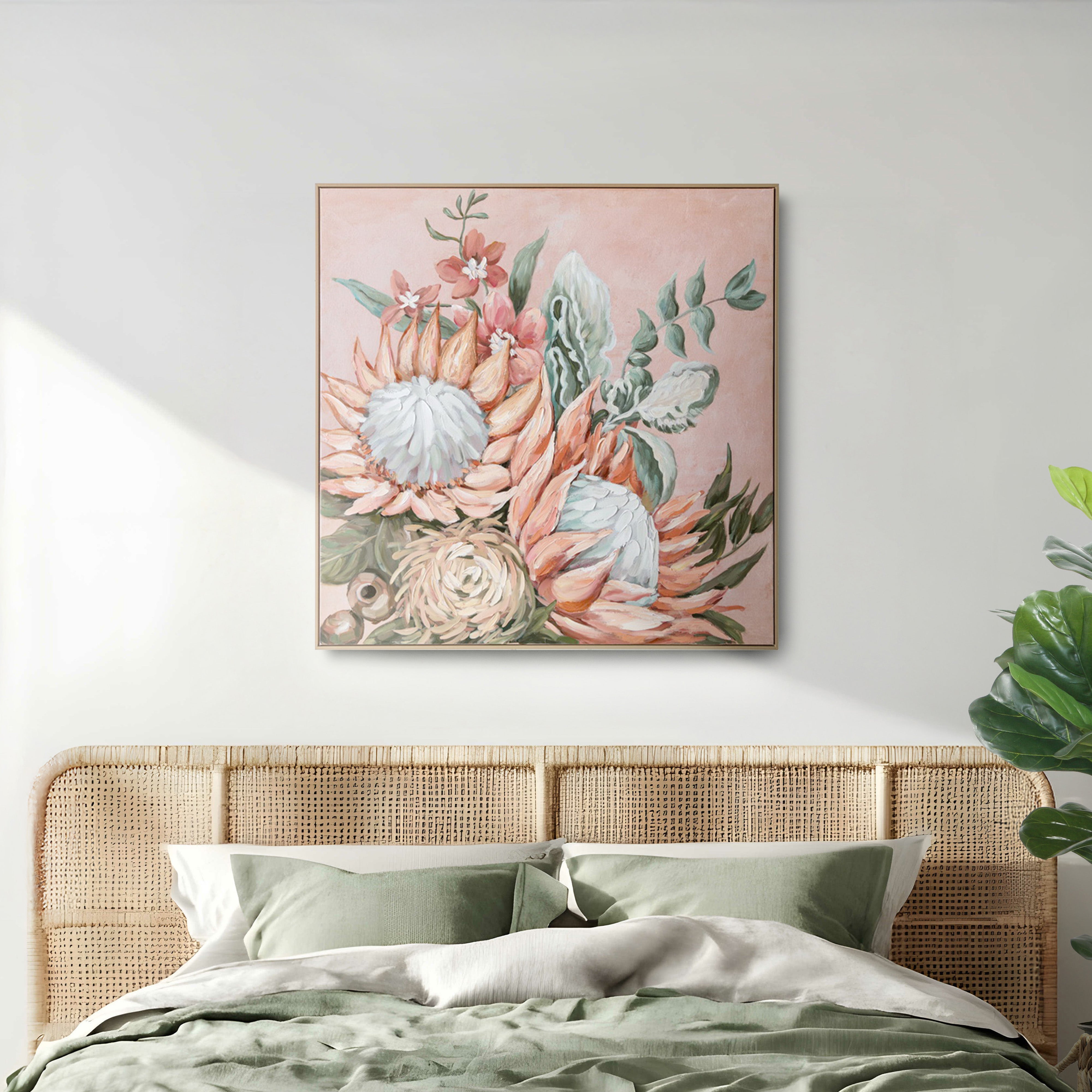 Urban Style Brushmarks Embellished Canvas Protea Pink - Modern Wall Art for Living Room, Bedroom & Office Decor