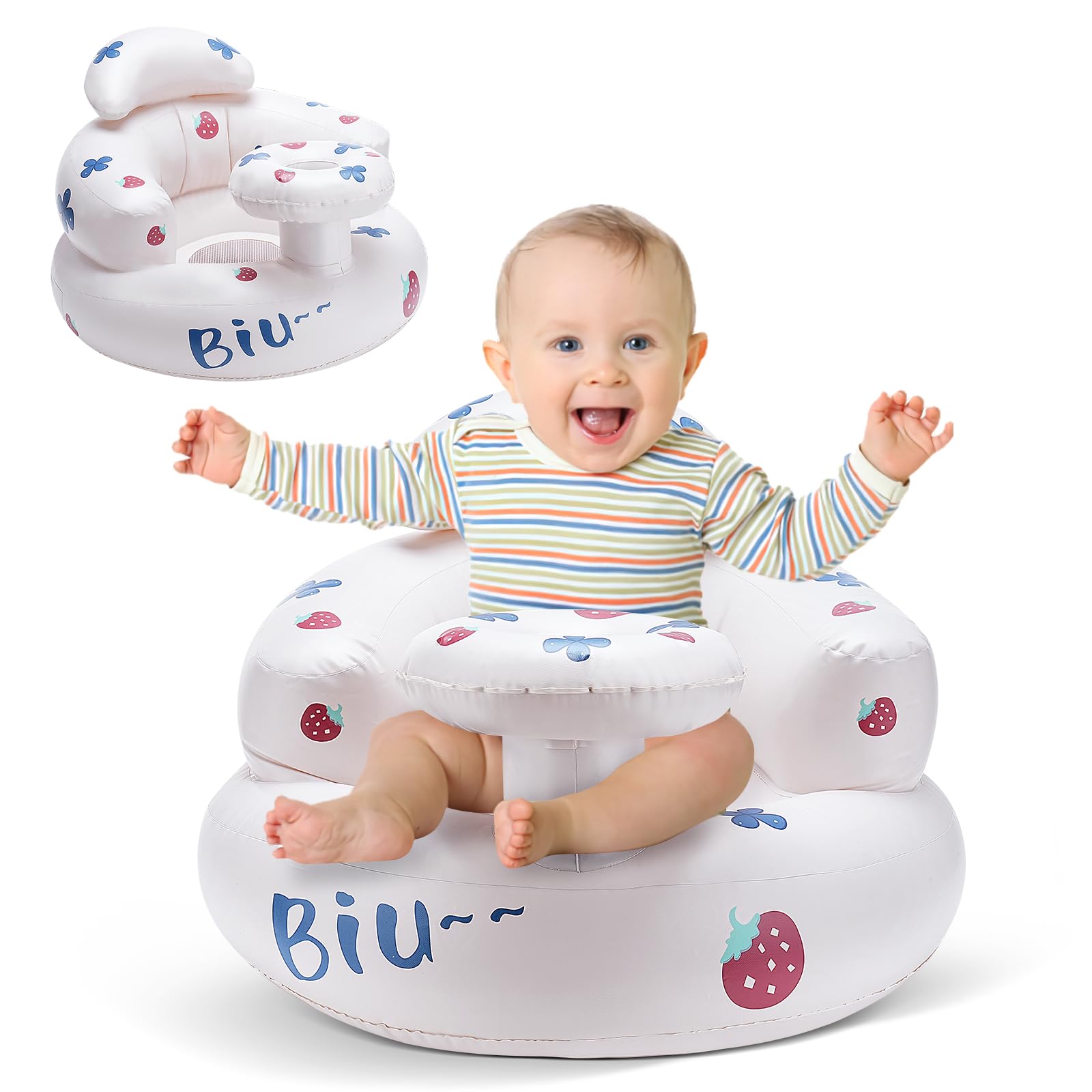 LINGSFIRE Inflatable Baby Seat for Infants 3 Months and Up - Portable Blow Up Baby Chair with Built-in Air Pump for Home, Travel, and Floor Sitting - Perfect Baby Shower Gift (White) - Great for Indoor Play, Beach Trips, and Outdoor Adventures