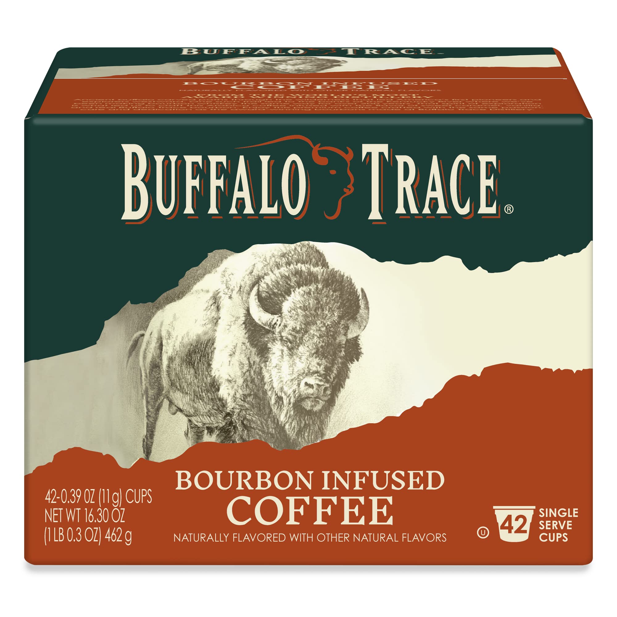 Buffalo Trace Bourbon Infused Coffee Pods - 42 Single Serve Cups | Natural Bourbon Flavored Coffee | Perfect for Office, Home Brewing & Gift Giving