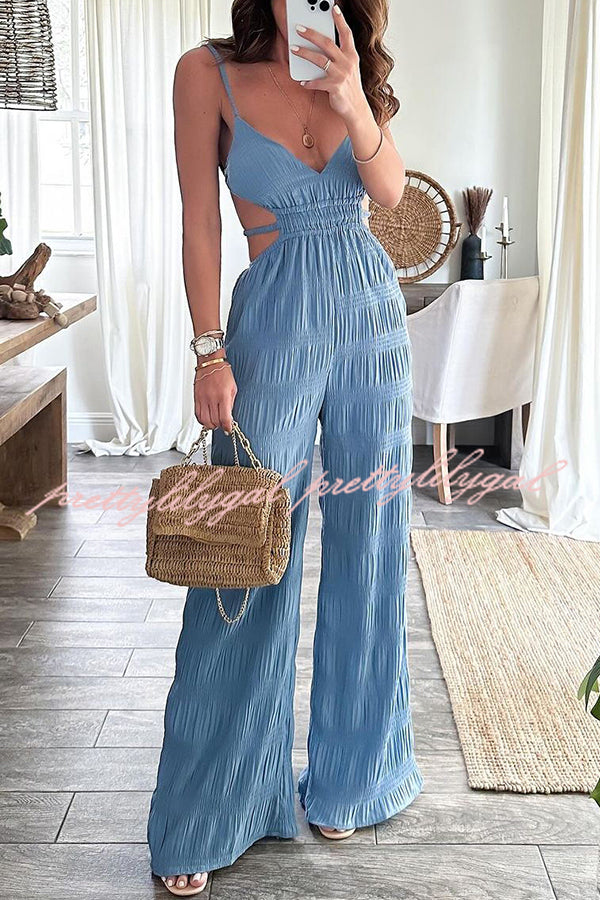 Stylish Crinkle Fabric Cut Out Backless Jumpsuit with Elastic Waist & Pockets - Perfect for Summer Vacations, Beach Getaways, and Night Out Parties