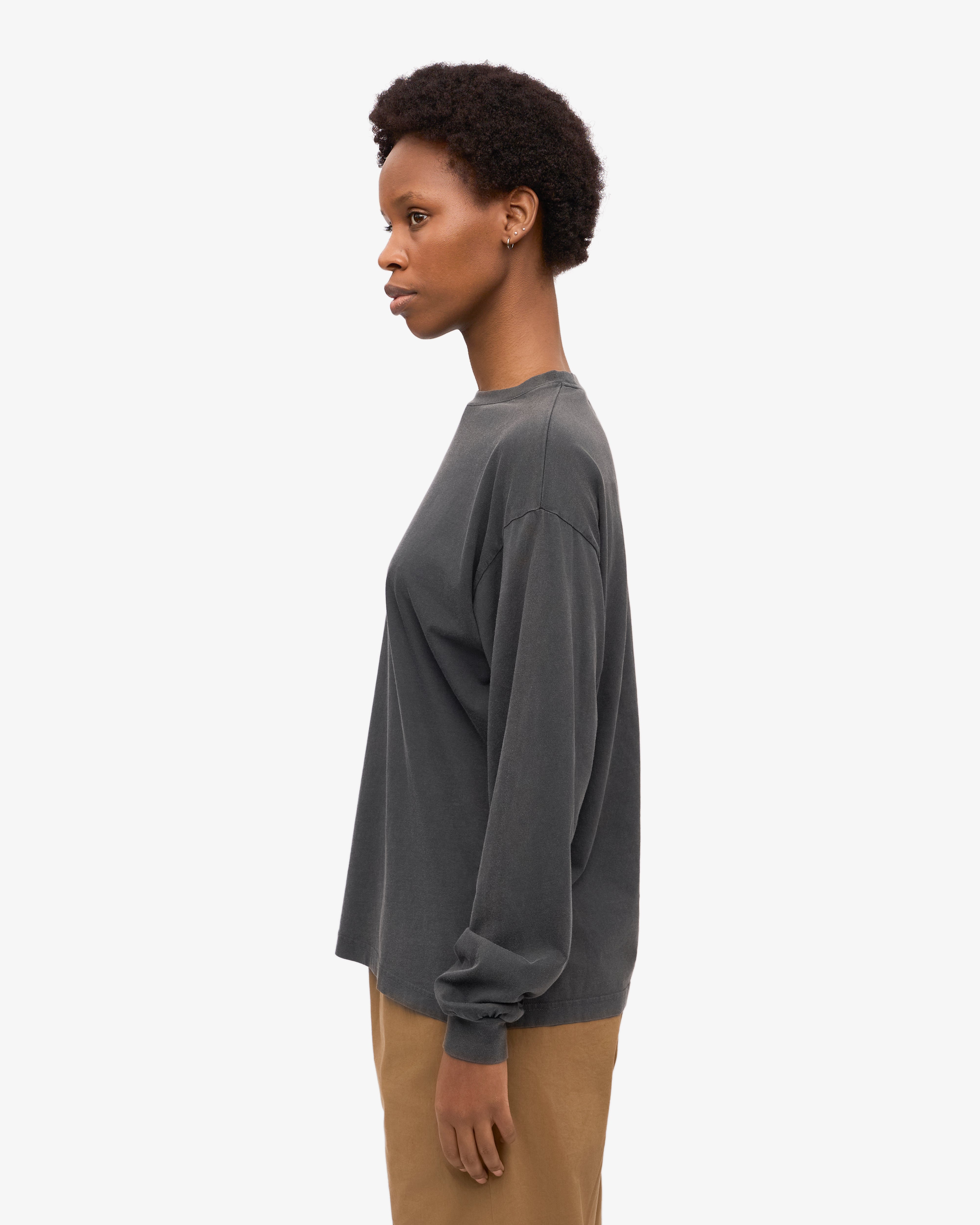 Oversized Organic Long Sleeve T-Shirt for Women - Faded Black - Soft Cotton Loungewear for Casual Outfits & Relaxing at Home
