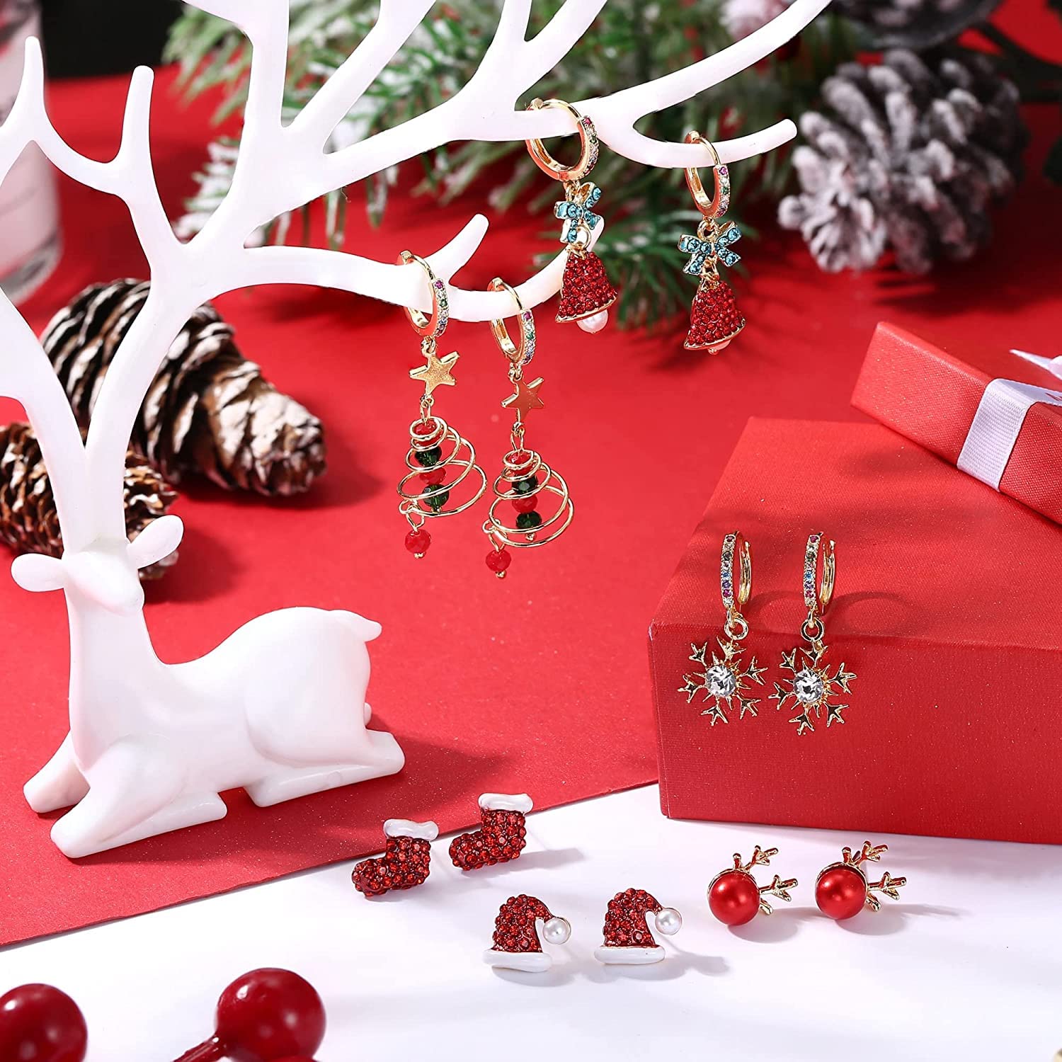 6 Pairs Christmas Hoop Dangle Earrings for Women - Gold Plated Snowflake, Bell, Xmas Tree, Reindeer & Santa Hat Drop Earrings Set | Holiday Party, Gift Exchange, Festive Outfit Accessories