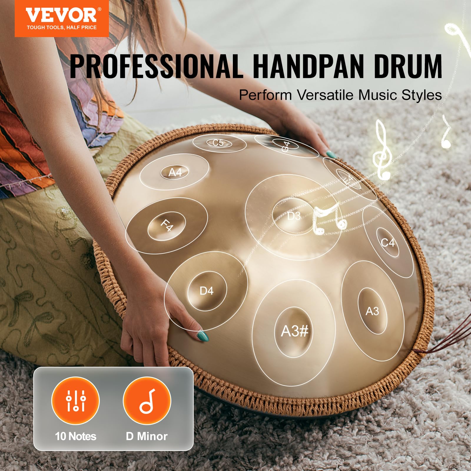 VEVOR 22-inch Handpan Drum in D Minor - 10 Notes Steel Hand Pan with Mallets, 432Hz Tuning, Stand & Carry Bag - Professional Percussion Instrument for Adults & Beginners - Perfect for Meditation, Yoga, Music Therapy & Outdoor Performances