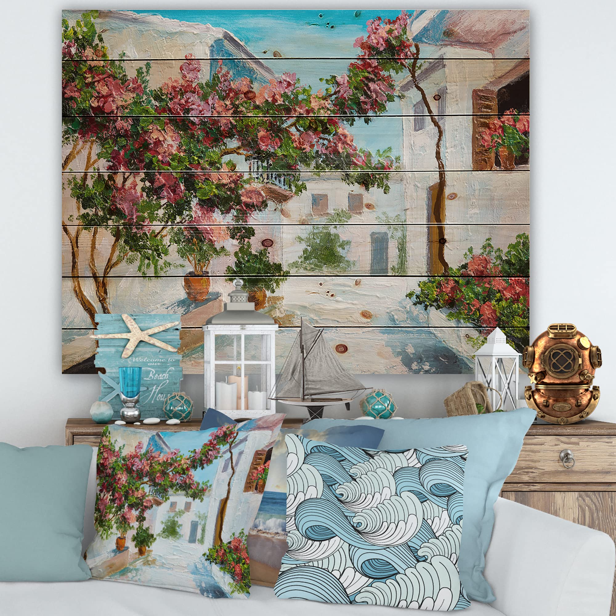 Coastal Wood Wall Art - White House & Flowers Beach Decor for Home