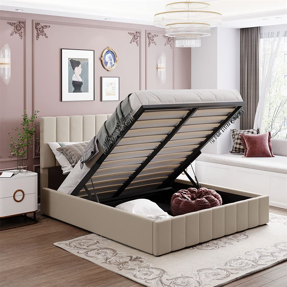 Queen Size Upholstered Platform Bed with Hydraulic Storage - Solid Wood Frame, Easy Assembly, Modern Beige Fabric - Perfect for Small Bedrooms & Guest Rooms