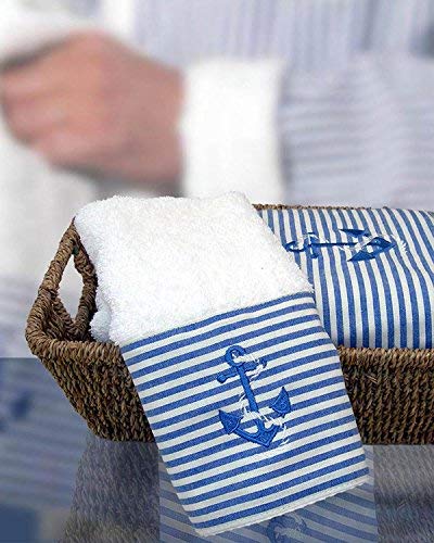 Premium Nautical Hand Towel Set of 3 - Soft Absorbent Bath Towels with Anchor & Blue Stripe Design (19