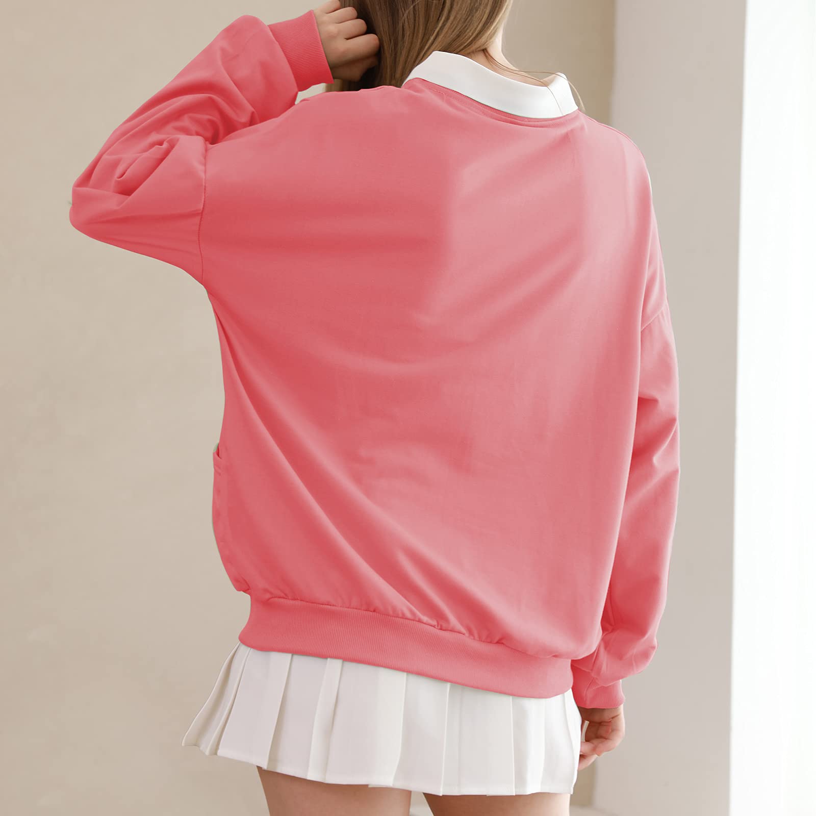KEEVICI Women's Cute Pink Strawberry Milk Graphic Sweatshirt - Kawaii Y2K Fashion Drop Shoulder Pullover with Pockets for Teen Girls | Casual Outfit, Streetwear, Instagram Fashion