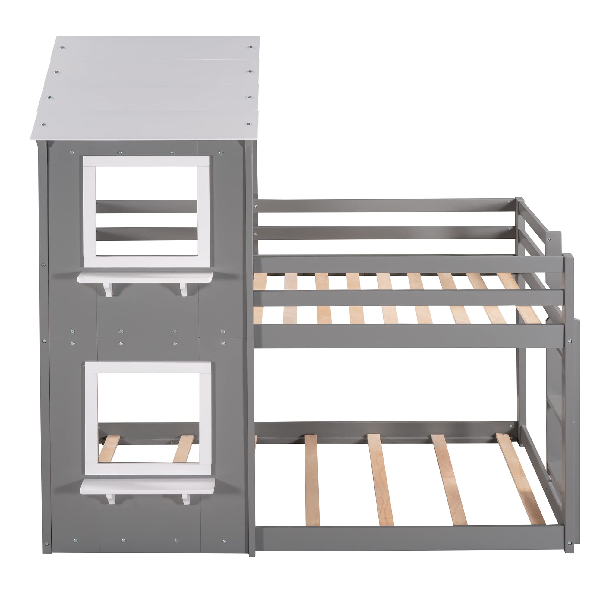 LZ LEISURE ZONE Twin Over Twin Bunk Bed with Roof - Wooden House Style Bed Frame with Window, Guardrail & Ladder - Space Saving Grey & White Kids Bunk Bed for Small Bedrooms, Guest Rooms & Vacation Homes