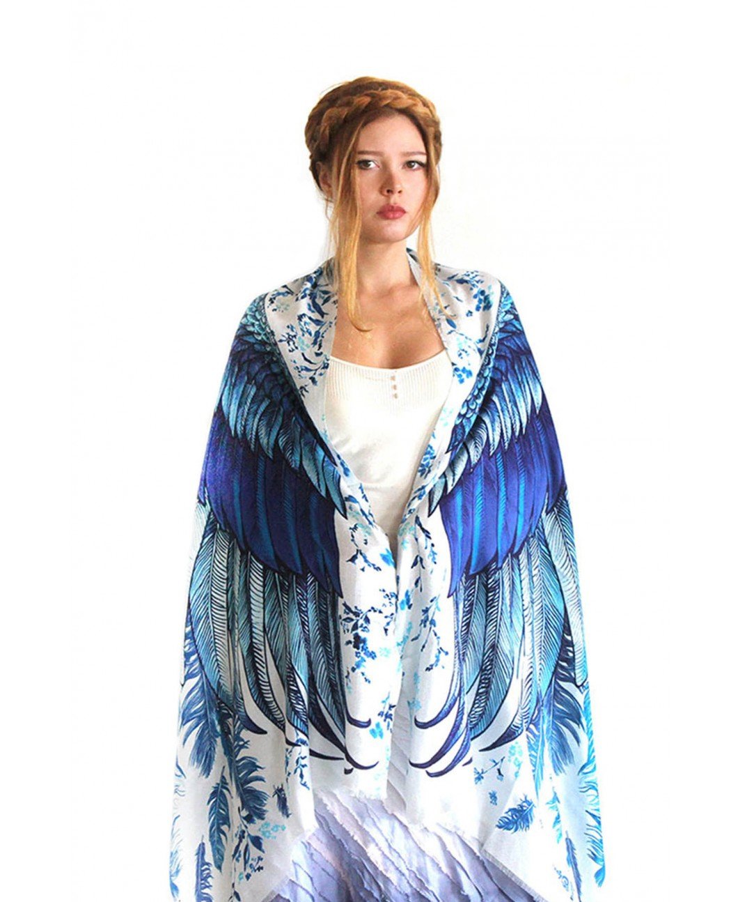 Luxury Blue Silk & Cashmere Scarf with Exquisite Bird Feather Wings Design - Elegant Winter Fashion Accessory for Women, Perfect for Parties, Weddings and Cold Weather Outfits
