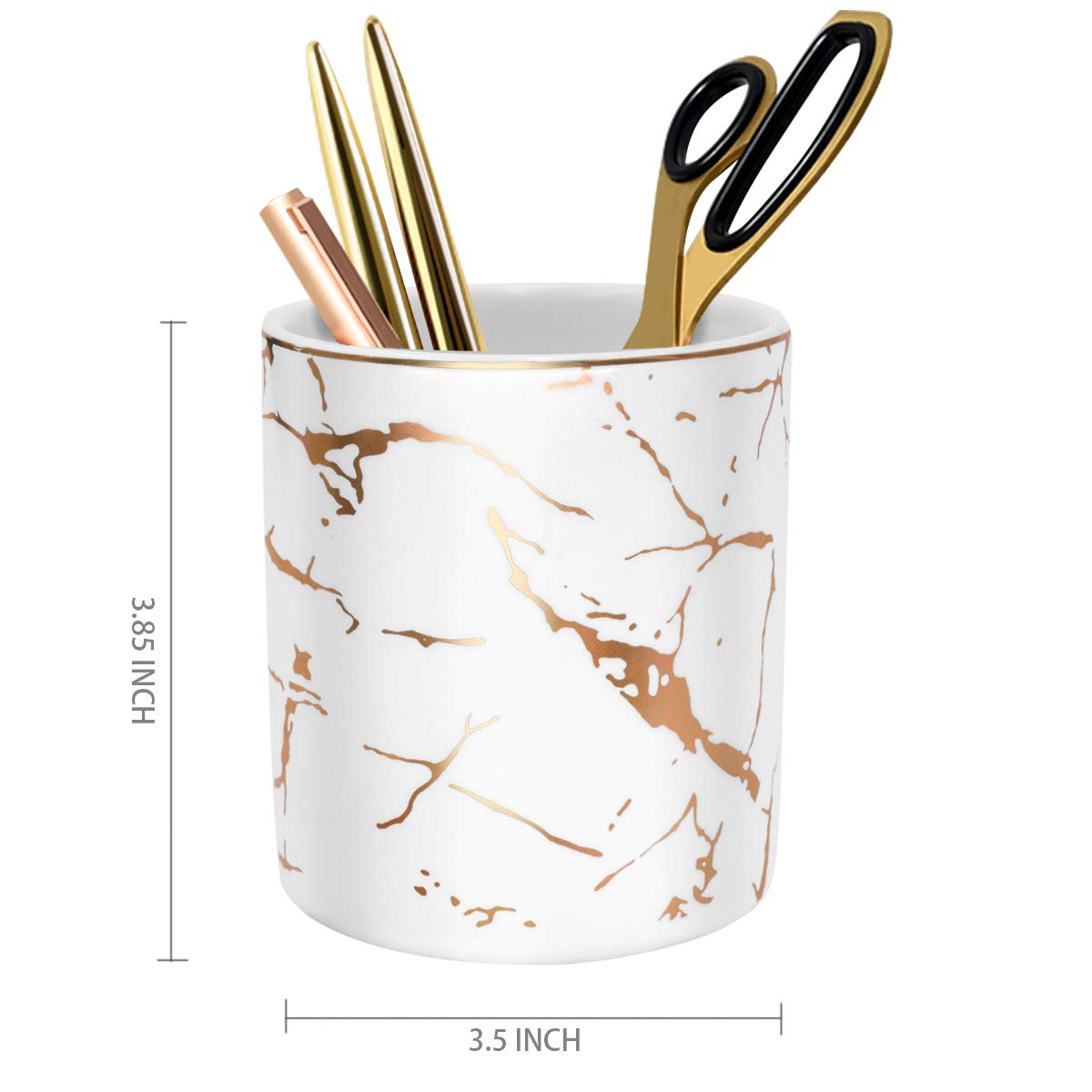 Ceramic Pen Holder for Desk - Marble Pencil Cup Organizer for Office & Makeup Brushes (White)