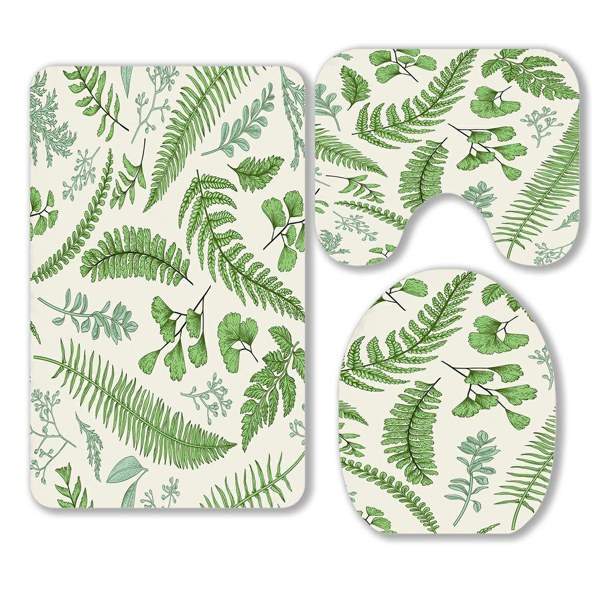 ABPHQTO Floral Leaves Herbs Botanical Boxwood Seeded 3-Piece Bathroom Rug Set - Soft Contour Mat & Toilet Lid Cover - Perfect for Farmhouse, Vintage, or Cottage Style Bathrooms