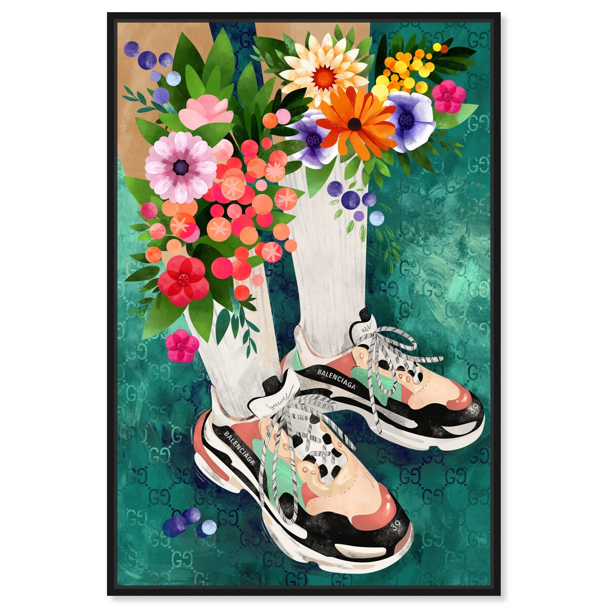 Stylish Floral Sneakers & Socks Set with Modern Green Canvas Wall Art - Perfect for Bedroom Decor and Casual Outfits