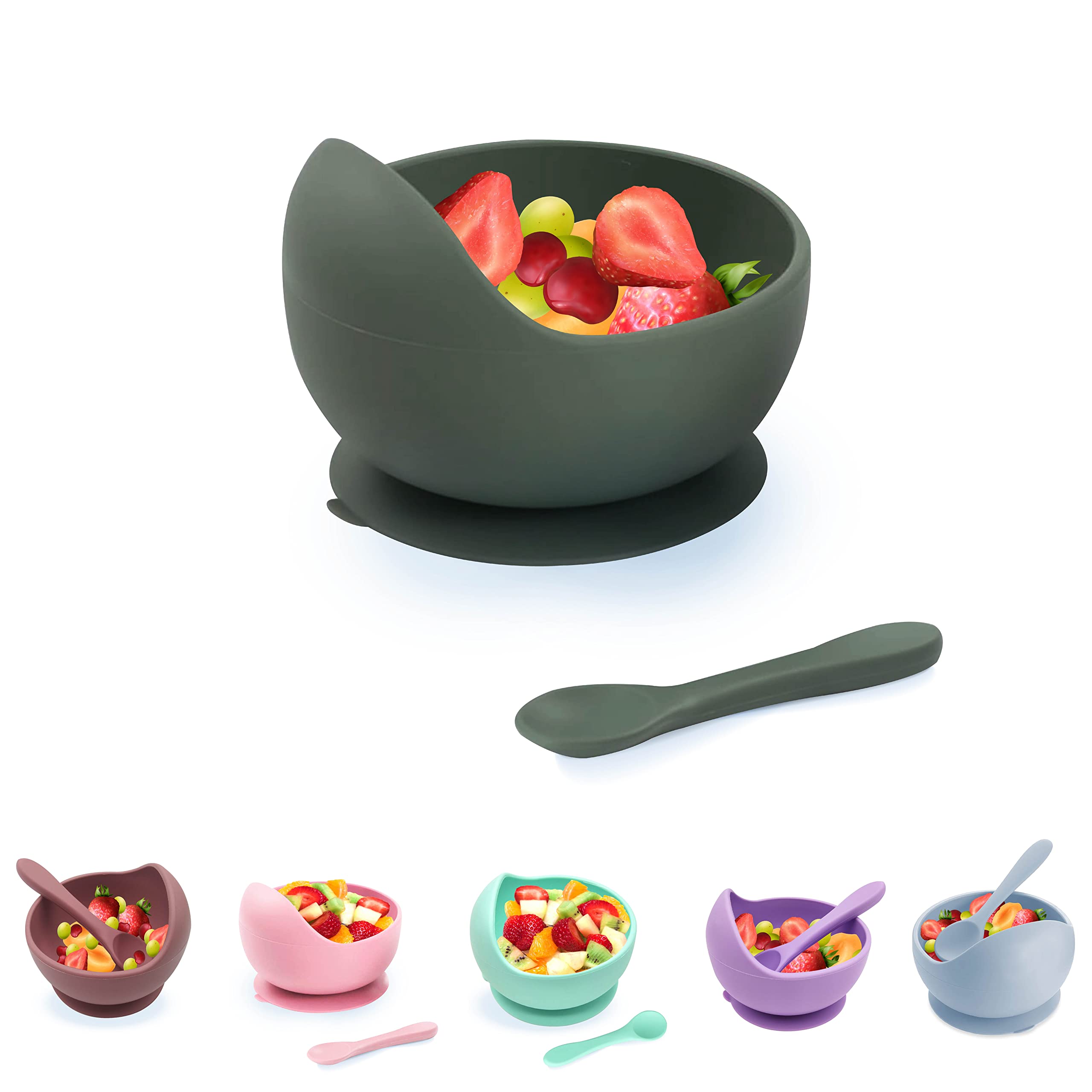BPA-Free Baby Plates with Suction | Non-Slip Silicone Suction Bowls & Spoon Set for Toddlers | Easy to Clean, Durable First Food Dish | Perfect for High Chairs, Travel & Mess-Free Meals (Navy Green)