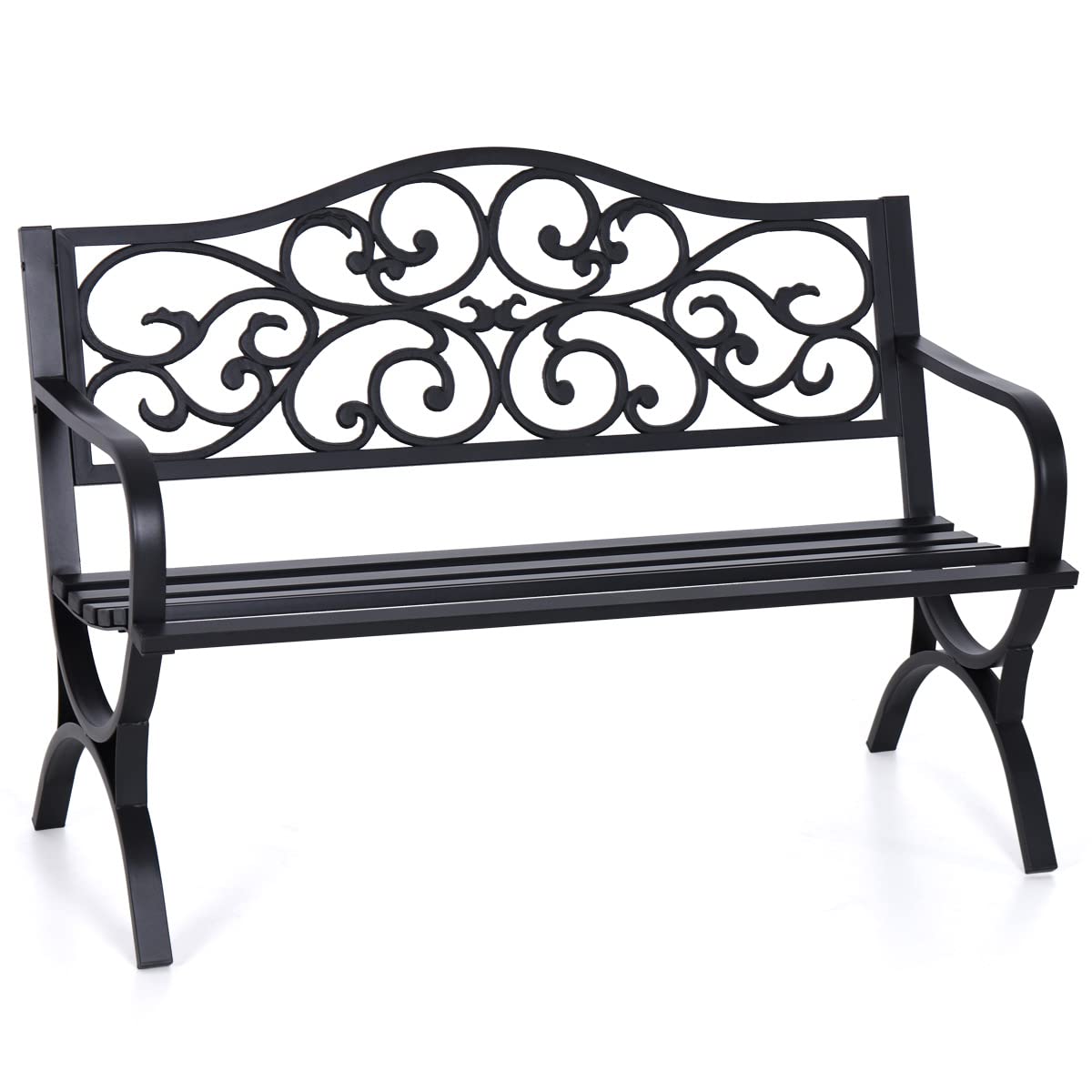 MFSTUDIO 50 Inch Outdoor Garden Bench - Heavy Duty Cast Iron Metal Patio Bench with Floral Pattern Backrest & Arch Legs - Perfect for Porch, Lawn, Garden, Yard, Park (Black) | Durable Outdoor Seating for Relaxing in Your Backyard or Public Spaces