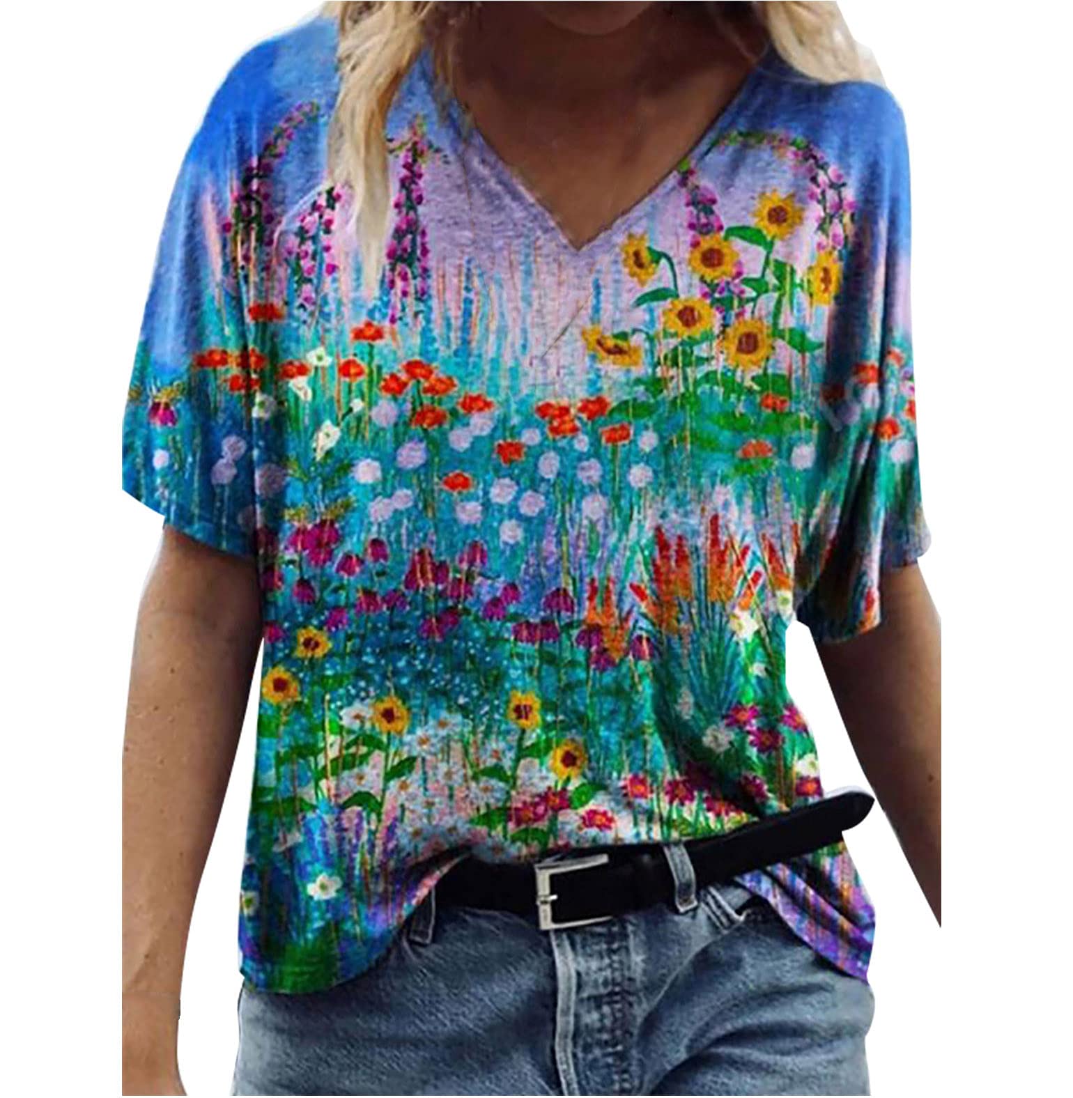 Women's Cute Printed V-Neck Short Sleeve T-Shirts - Summer Casual Loose Fit Graphic Tees for Everyday Wear & Outfits