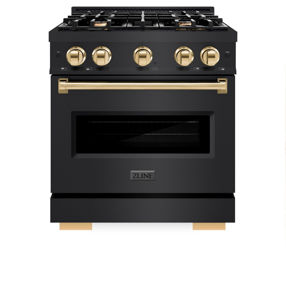 ZLINE Autograph Edition 30-inch 4.2 cu. ft. Dual Fuel Range - Black Stainless Steel with Gold Accents - 4 Burner Gas Cooktop & Convection Oven - Professional Kitchen Appliance for Home Chefs & Cooking Enthusiasts