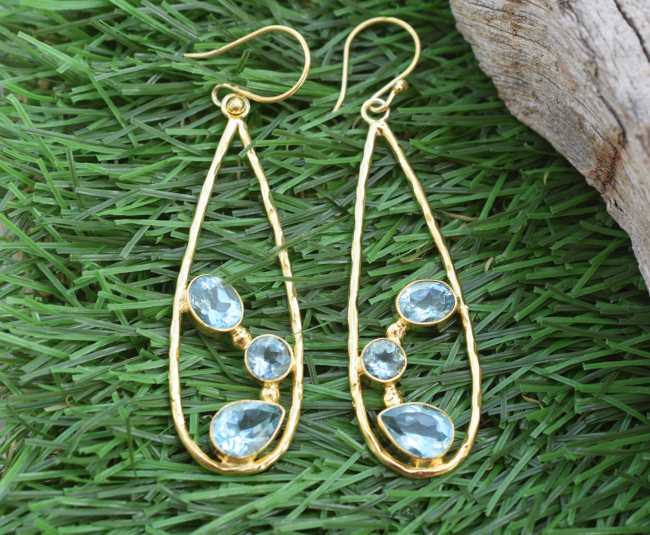 18K Gold Plated Blue Topaz Earrings for Women - November Birthstone Jewelry, Fashion Gemstone Gift for Birthday & Anniversary | VE-230 | Perfect for Parties, Weddings & Everyday Wear