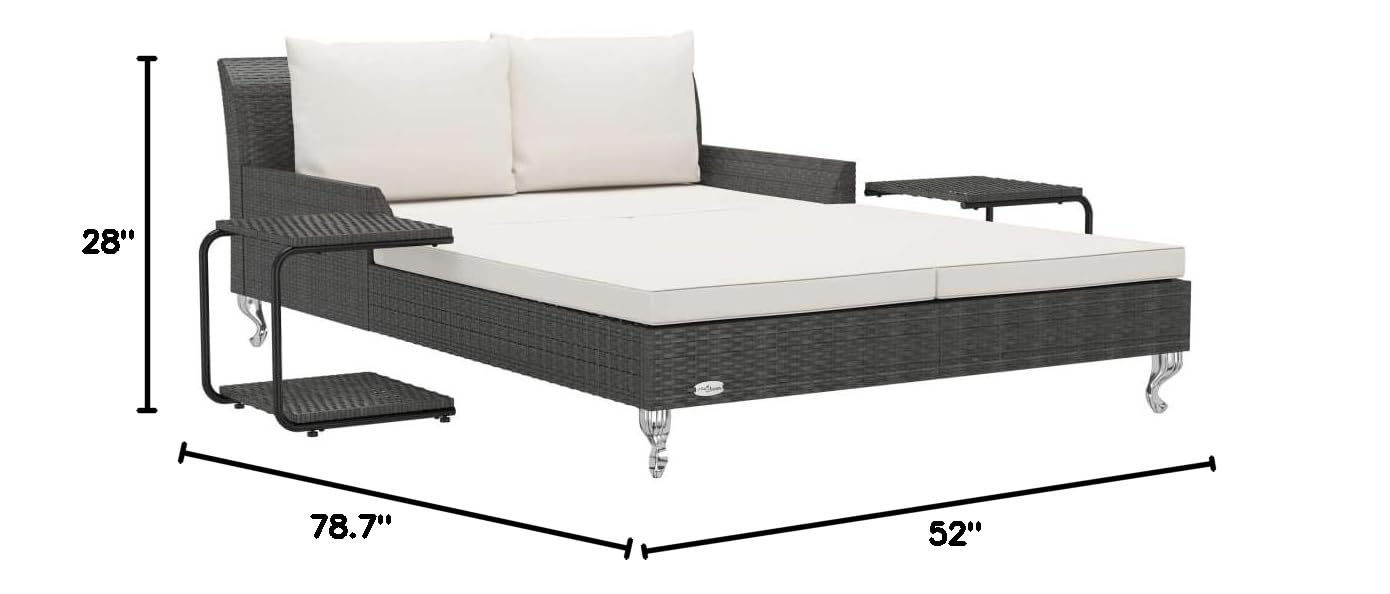 FAMIROSA 2-Person Outdoor Sun Bed with Cushions - Waterproof Poly Rattan Patio Furniture for Garden, Balcony, Beach, Poolside - Black Wicker Frame with Cream White Cushions - Perfect for Relaxing, Sunbathing and Lounging in Backyard, Hotel or Villa