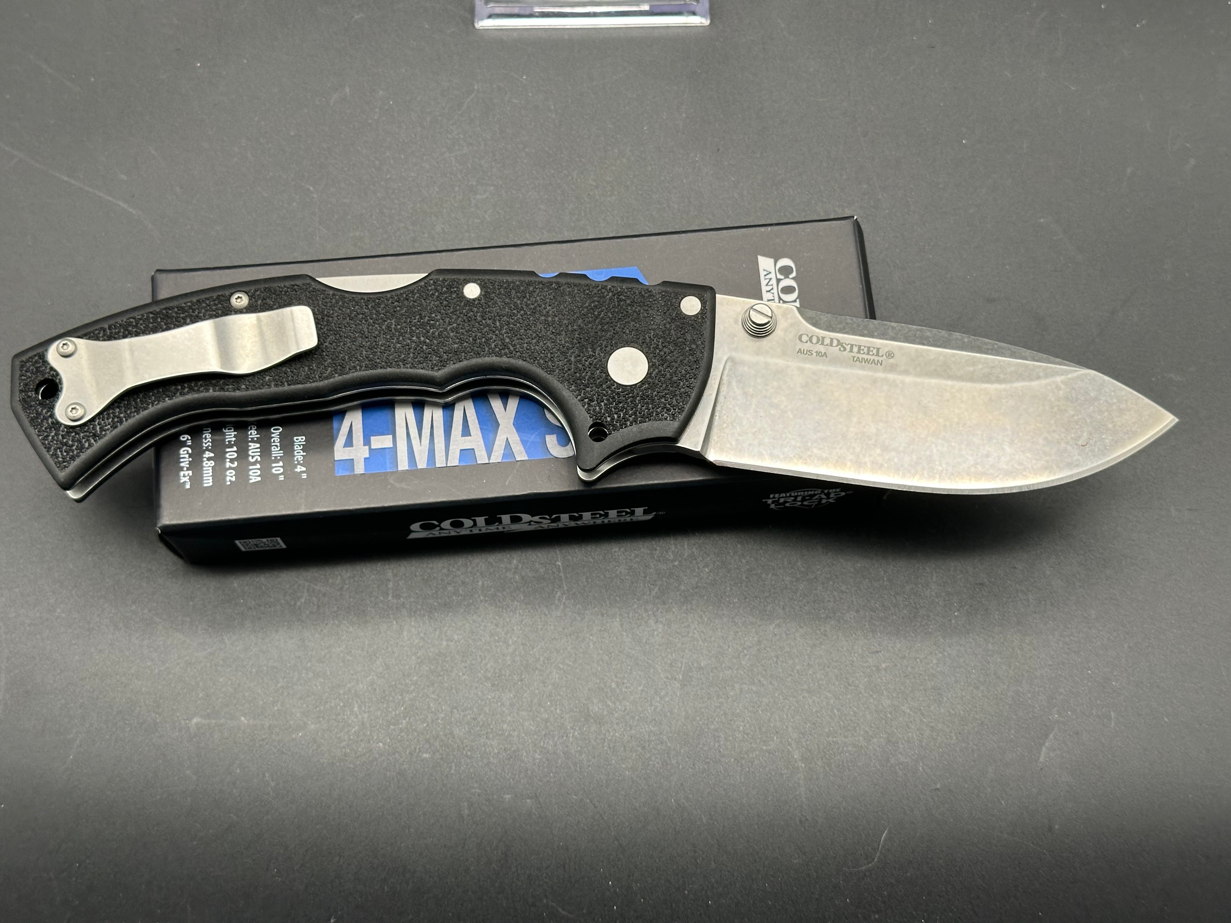 Cold Steel 4 Max Scout Tri-Ad Lock Folding Knife - Black Griv-Ex Handle, Stonewashed Blade - Outdoor Survival, Camping, Hunting, EDC Gear