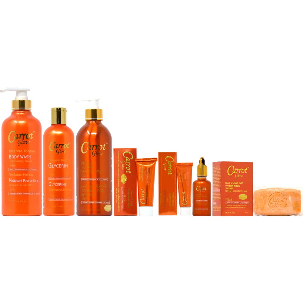 Carrot Glow Skincare Set - Body Wash 27oz, Glycerin 16.8oz, Lotion 16.8oz, Soap 7oz, Cream 1.7oz, Gel 1oz & Serum 1.66oz - Hydrating & Brightening Skin Care Bundle for Dry & Dull Skin - Perfect for Daily Body & Face Care Routine