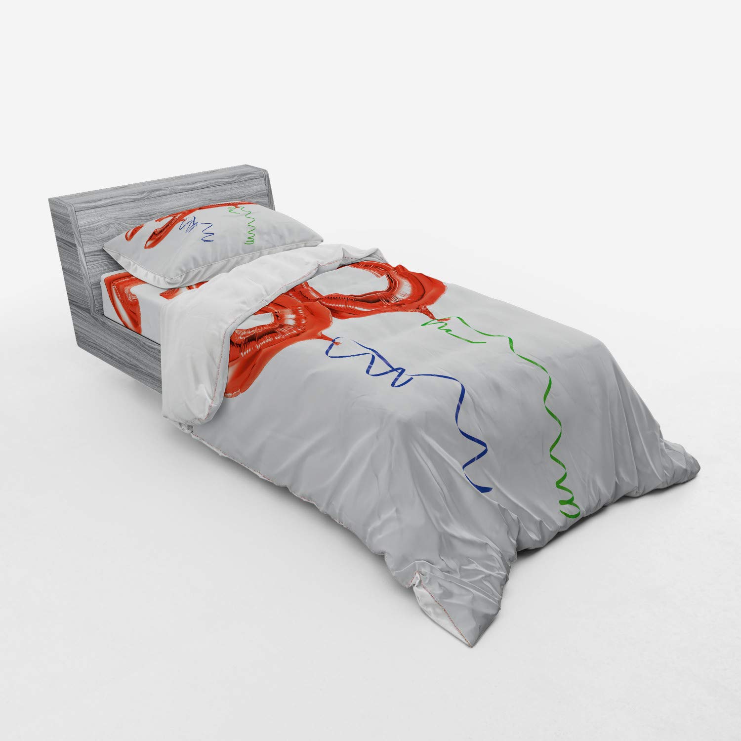 Ambesonne 30th Birthday Duvet Cover Set - Red Balloon Number Design with Swirl Ribbons, 3-Piece Twin Size Bedding Set (Duvet Cover, Sham & Fitted Sheet) in Red, Blue & Green - Perfect for Birthday Parties & Room Decor