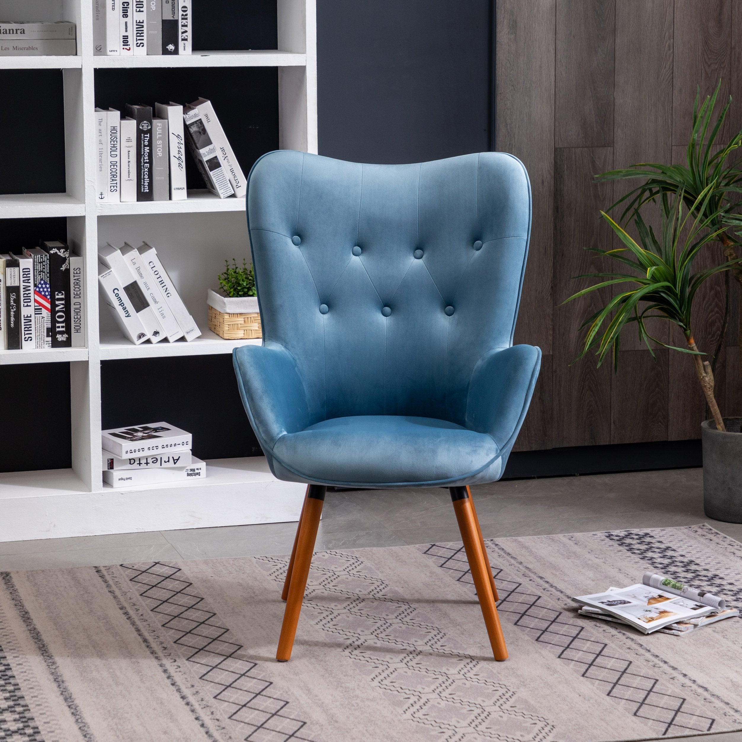 Roundhill Furniture Doarnin Contemporary Silky Velvet Tufted Button Back Accent Chair - Blue Velvet Upholstered Lounge Chair for Living Room, Bedroom & Office Decor - Perfect for Reading Nook, Home Theater Seating and Guest Room Furniture