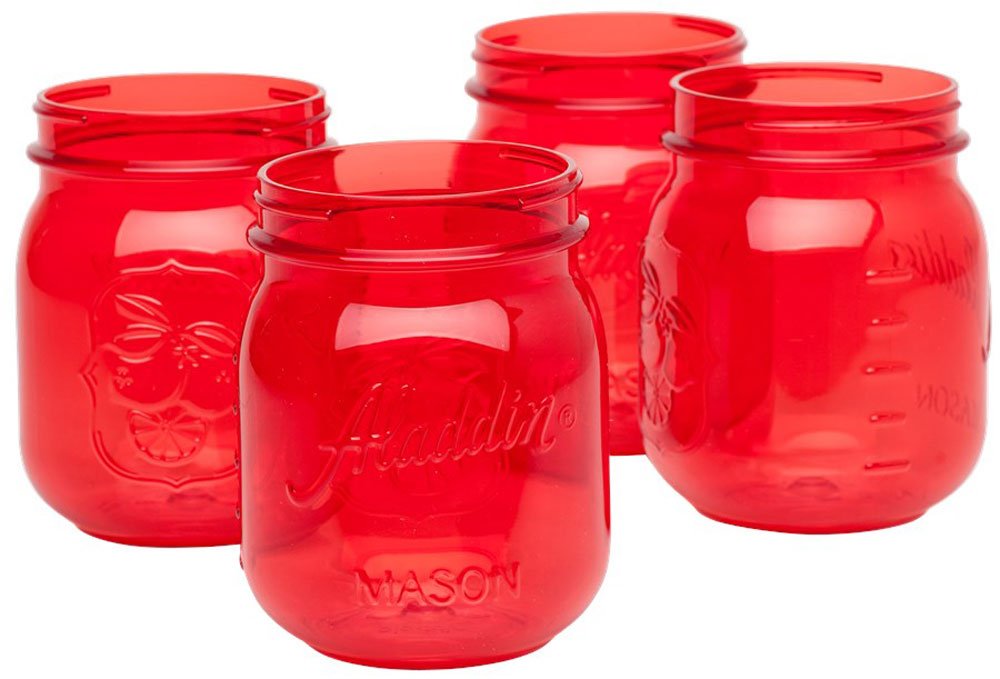 Aladdin Classic Mason Jars 16oz (Pack of 4) - Cherry Tomato Red Glass Drinking Cups with Lids - Perfect for Iced Coffee, Smoothies, Juice & Home Canning