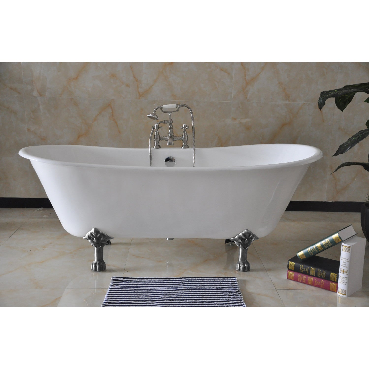 Aqua Eden 67 Inch White Cast Iron Oval Double Slipper Clawfoot Bathtub with Polished Chrome Faucet Drillings - Vintage Freestanding Soaking Tub for Luxury Bathroom & Spa Retreat