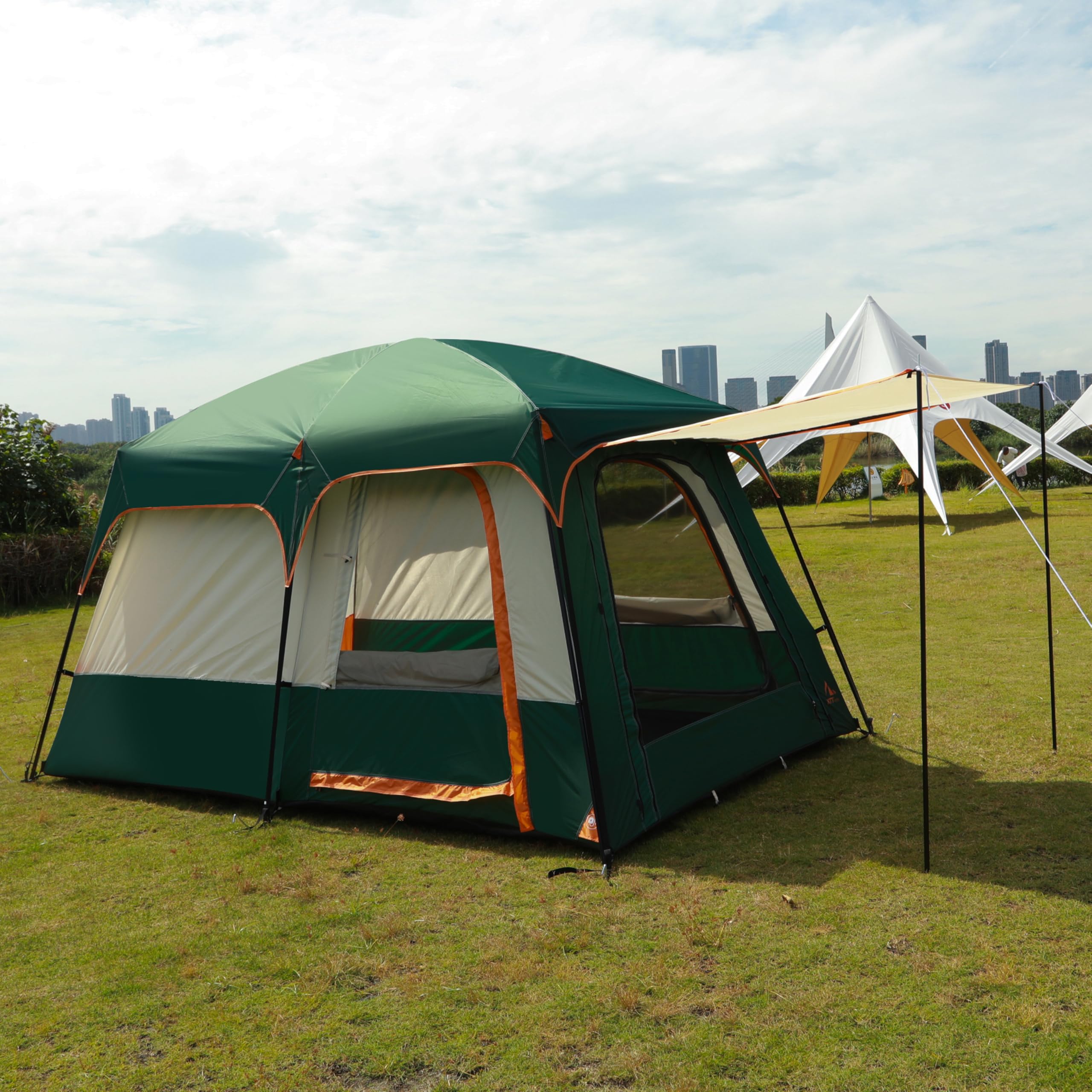 KTT Large Family Cabin Tent for 6-8 People - Waterproof Straight Wall Design with 3 Doors & 3 Mesh Windows - Spacious Outdoor Camping Tent for Picnics, Family Gatherings & Friends Trips - Perfect for Backyard, Beach & National Park Adventures