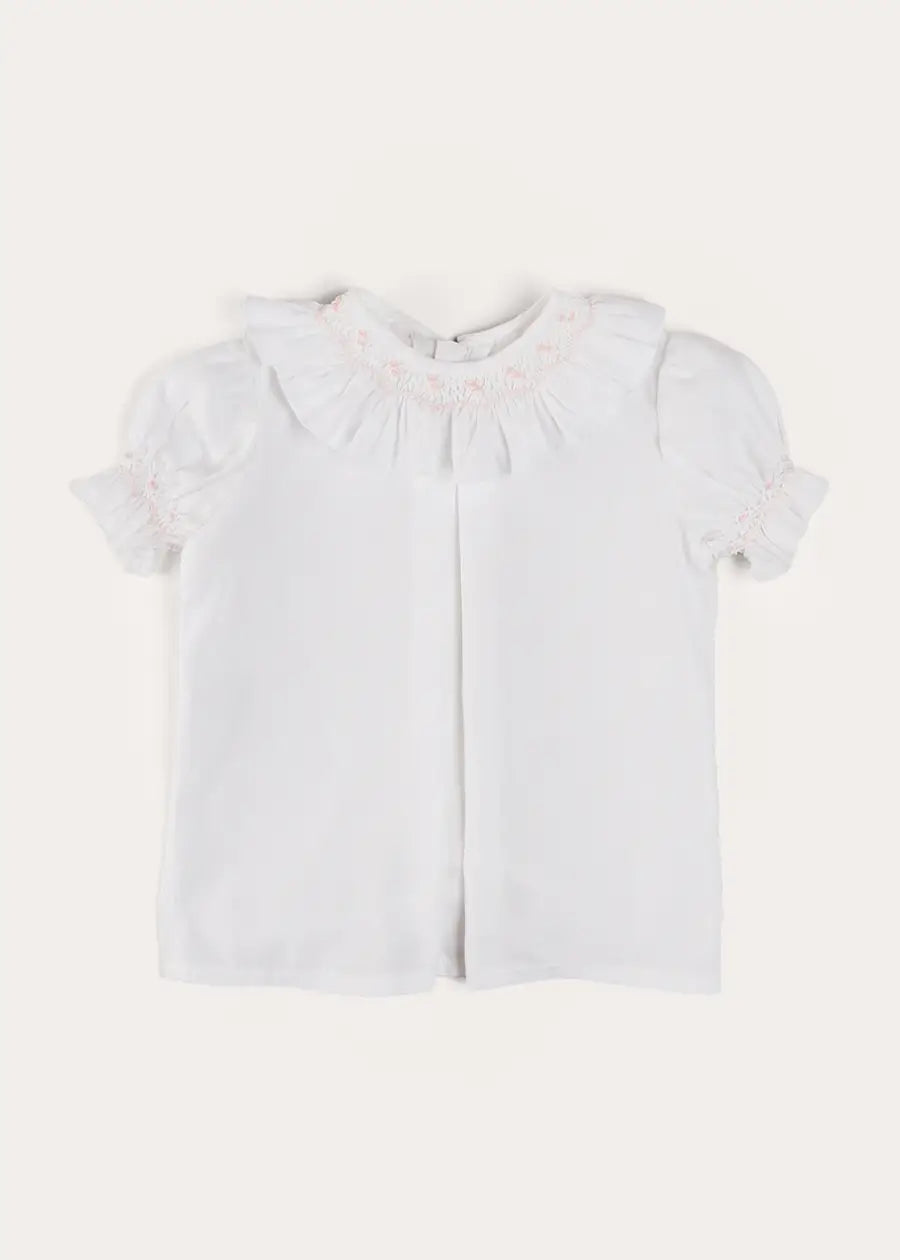 Hand Smocked Collar Short Sleeve Blouse for Girls - White Cotton Top (18 Months to 6 Years) | Perfect for Parties, School & Special Occasions