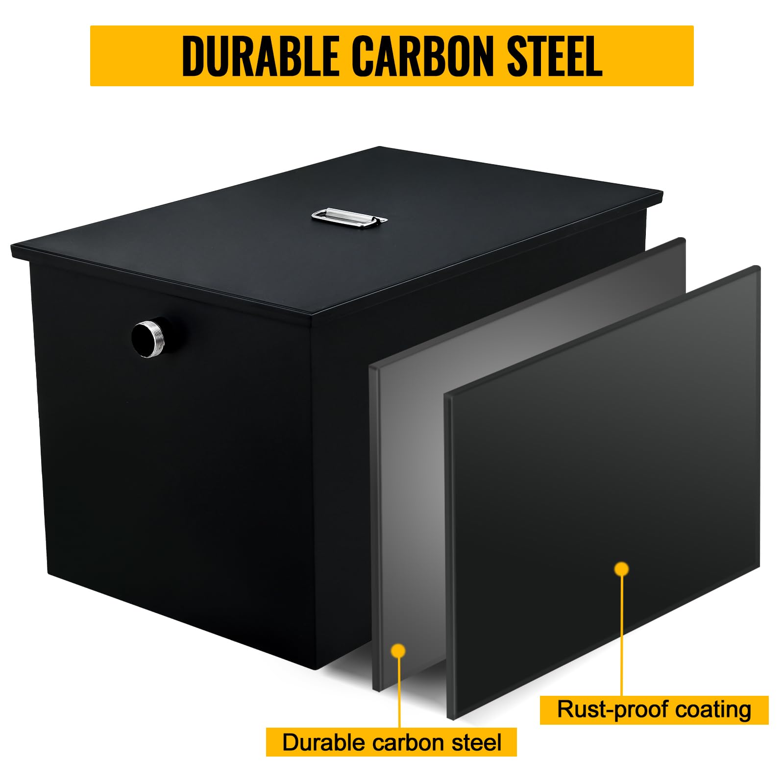 Commercial Grease Interceptor - Heavy Duty Carbon Steel Grease Trap for Kitchen Under Sink, 70LB Oil-Water Separator with Side Water Inlet | Ideal for Restaurants, Food Trucks & Commercial Kitchens