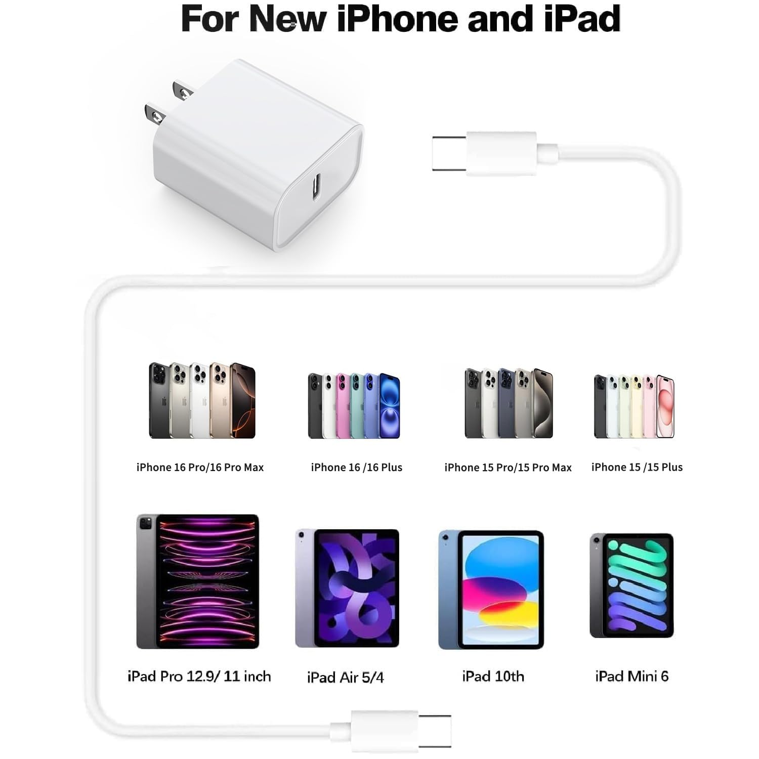 20W USB C Fast Charger for iPhone 16/15 Series & iPad - 3.3FT Type C Cable Included | Compatible with iPhone 16 Pro Max/15 Plus, iPad Pro 12.9/11, iPad Air 4/5, iPad Mini 6 | Perfect for Home, Office & Travel Charging