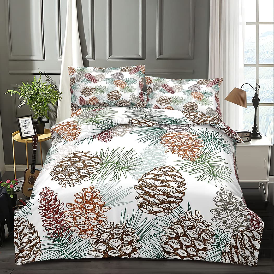 Winter Pinecones Duvet Cover Set Twin - 1 Duvet Cover & 2 Pillowcases - Pine, Cedar, Fir Tree Design - Soft Microfiber Bedding - Perfect for Cozy Winter Nights & Holiday Decor